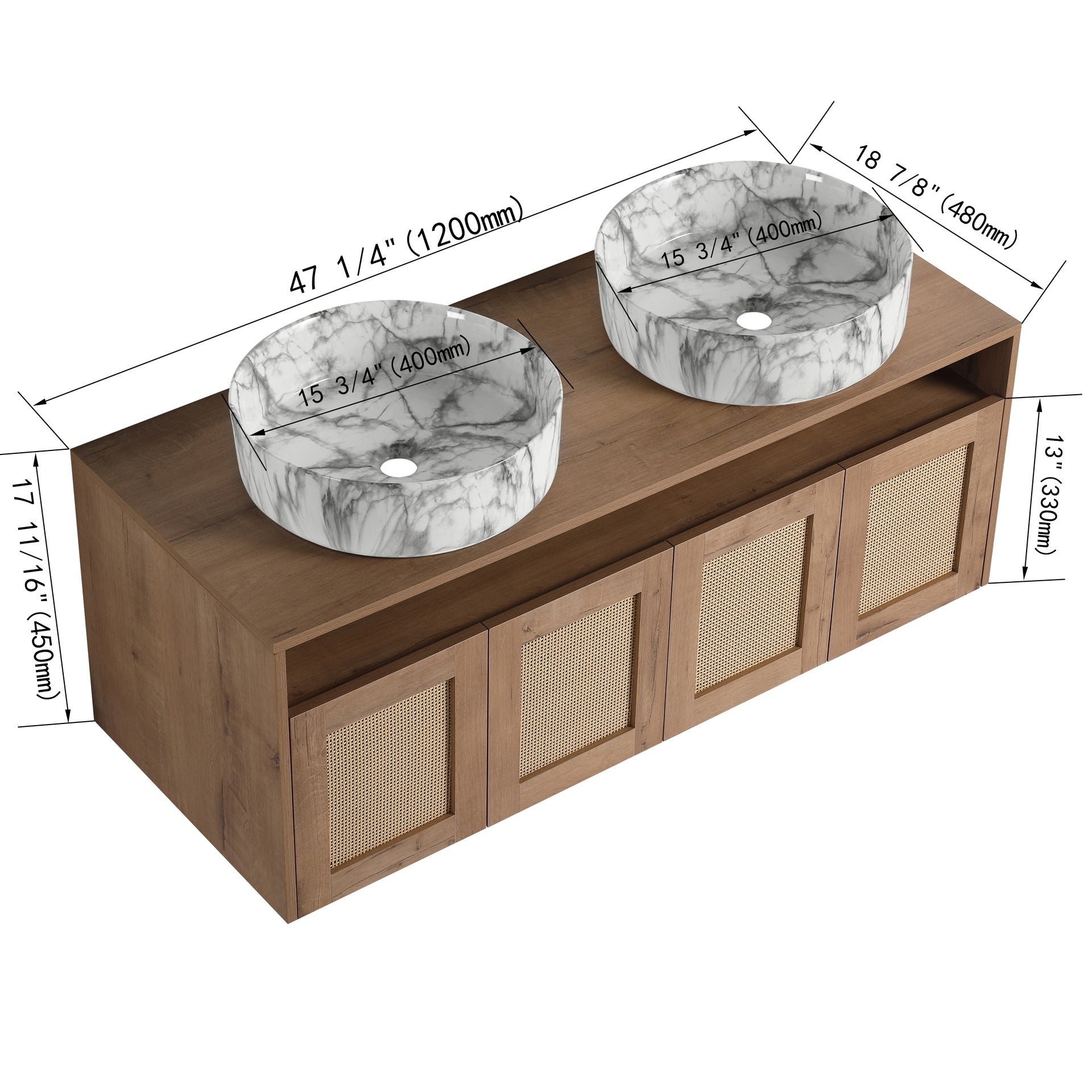 48" Bathroom Vanity with 2-Ceramic Art Sink, 4-Soft Close Door, Float Mounting Design, Plywood (KD-Packing)