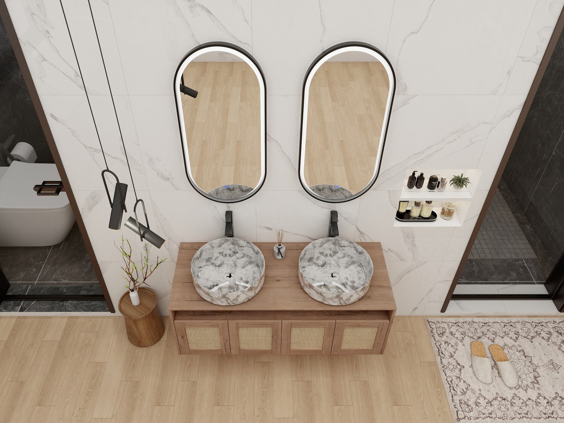 48" Bathroom Vanity with 2-Ceramic Art Sink, 4-Soft Close Door, Float Mounting Design, Plywood (KD-Packing)