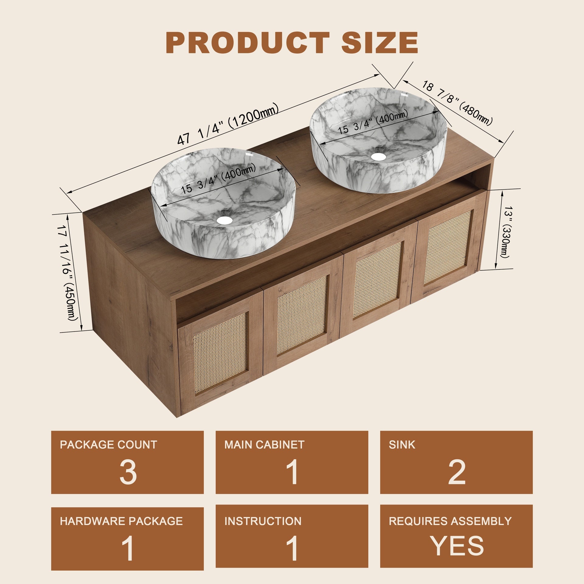 48" Bathroom Vanity with 2-Ceramic Art Sink, 4-Soft Close Door, Float Mounting Design, Plywood (KD-Packing)