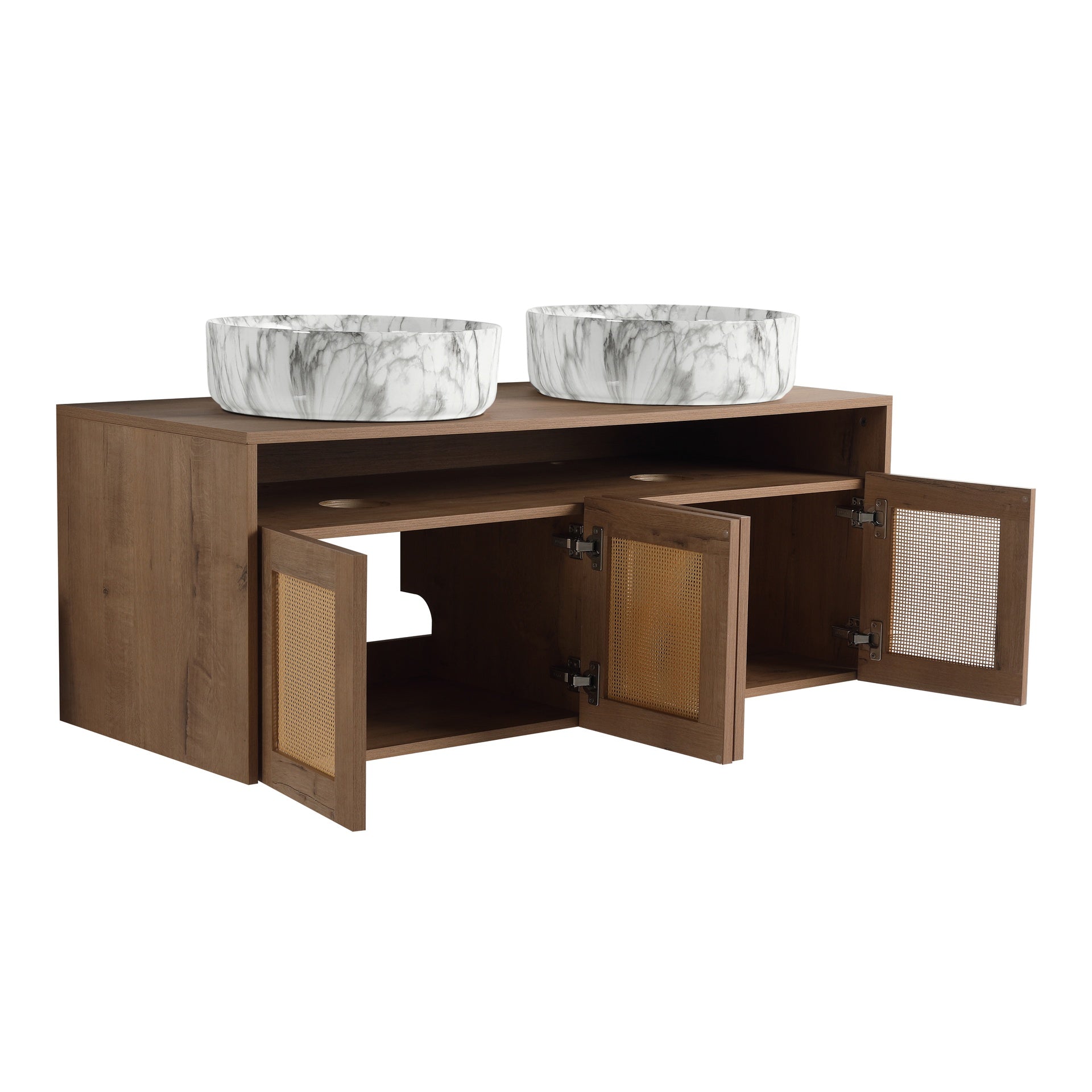 48" Bathroom Vanity with 2-Ceramic Art Sink, 4-Soft Close Door, Float Mounting Design, Plywood (KD-Packing)