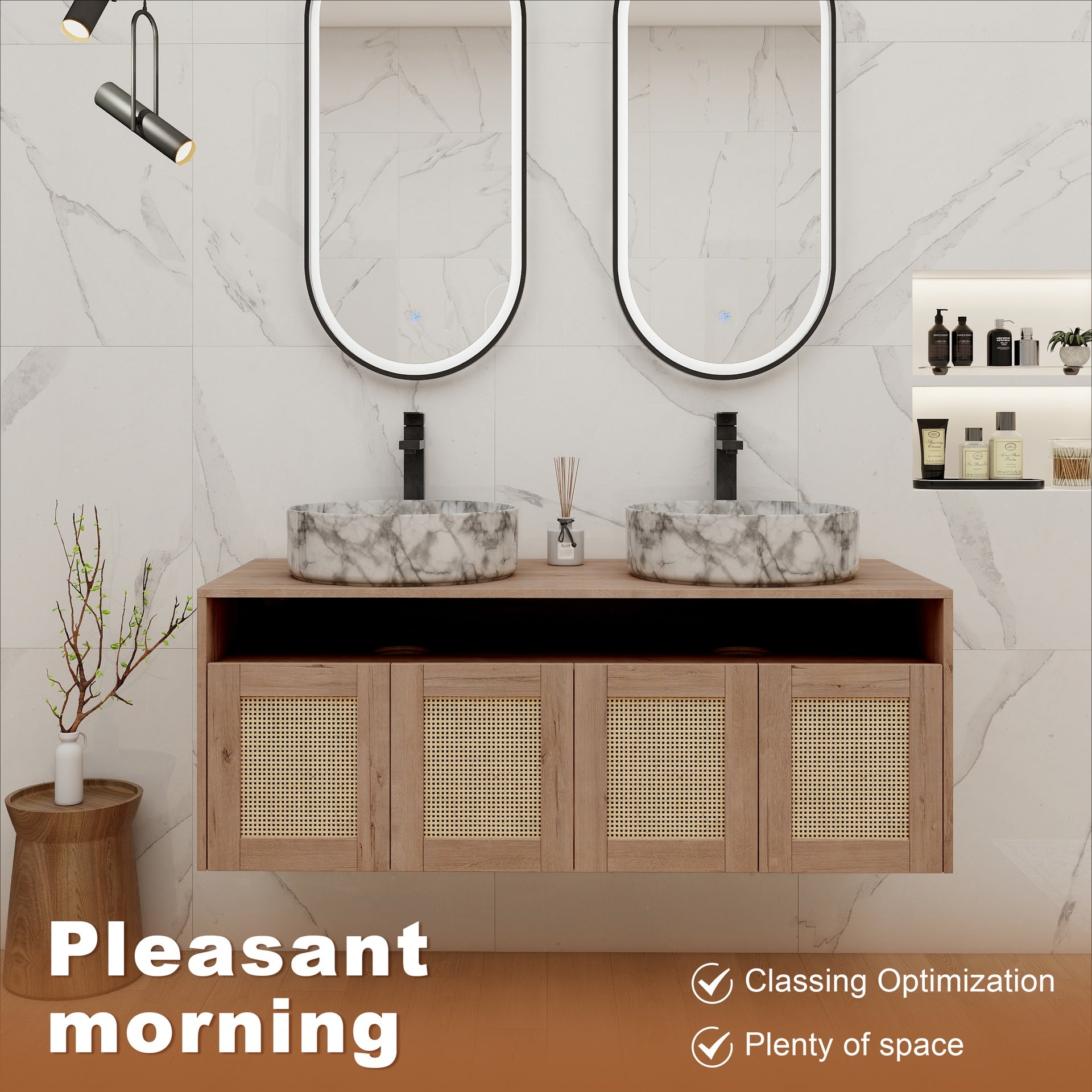 48" Bathroom Vanity with 2-Ceramic Art Sink, 4-Soft Close Door, Float Mounting Design, Plywood (KD-Packing)