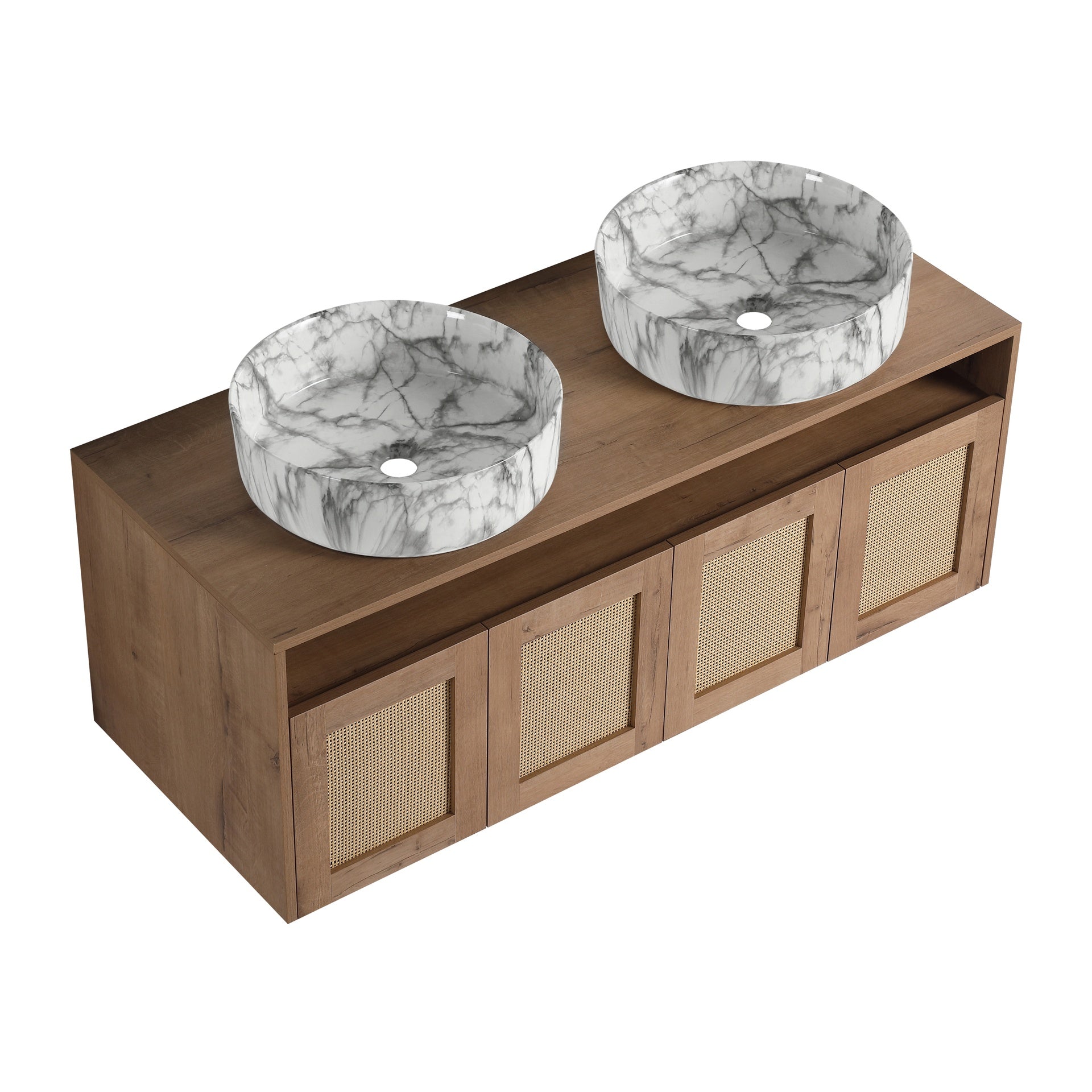 48" Bathroom Vanity with 2-Ceramic Art Sink, 4-Soft Close Door, Float Mounting Design, Plywood (KD-Packing)