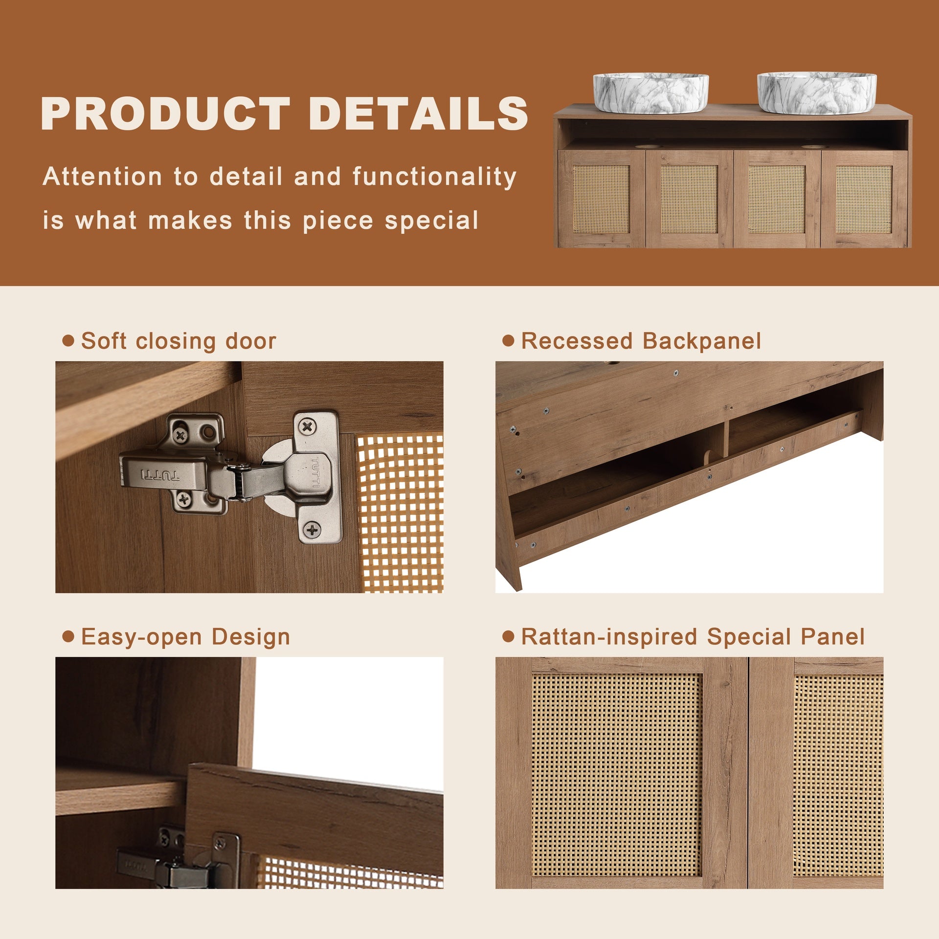 48" Bathroom Vanity with 2-Ceramic Art Sink, 4-Soft Close Door, Float Mounting Design, Plywood (KD-Packing)