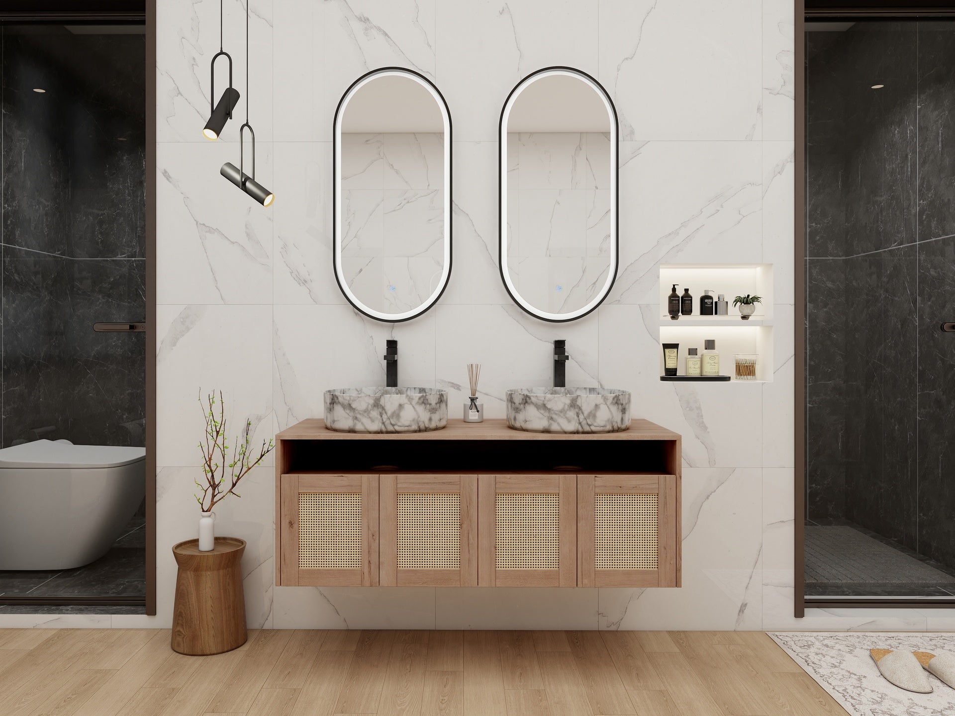 48" Bathroom Vanity with 2-Ceramic Art Sink, 4-Soft Close Door, Float Mounting Design, Plywood (KD-Packing)