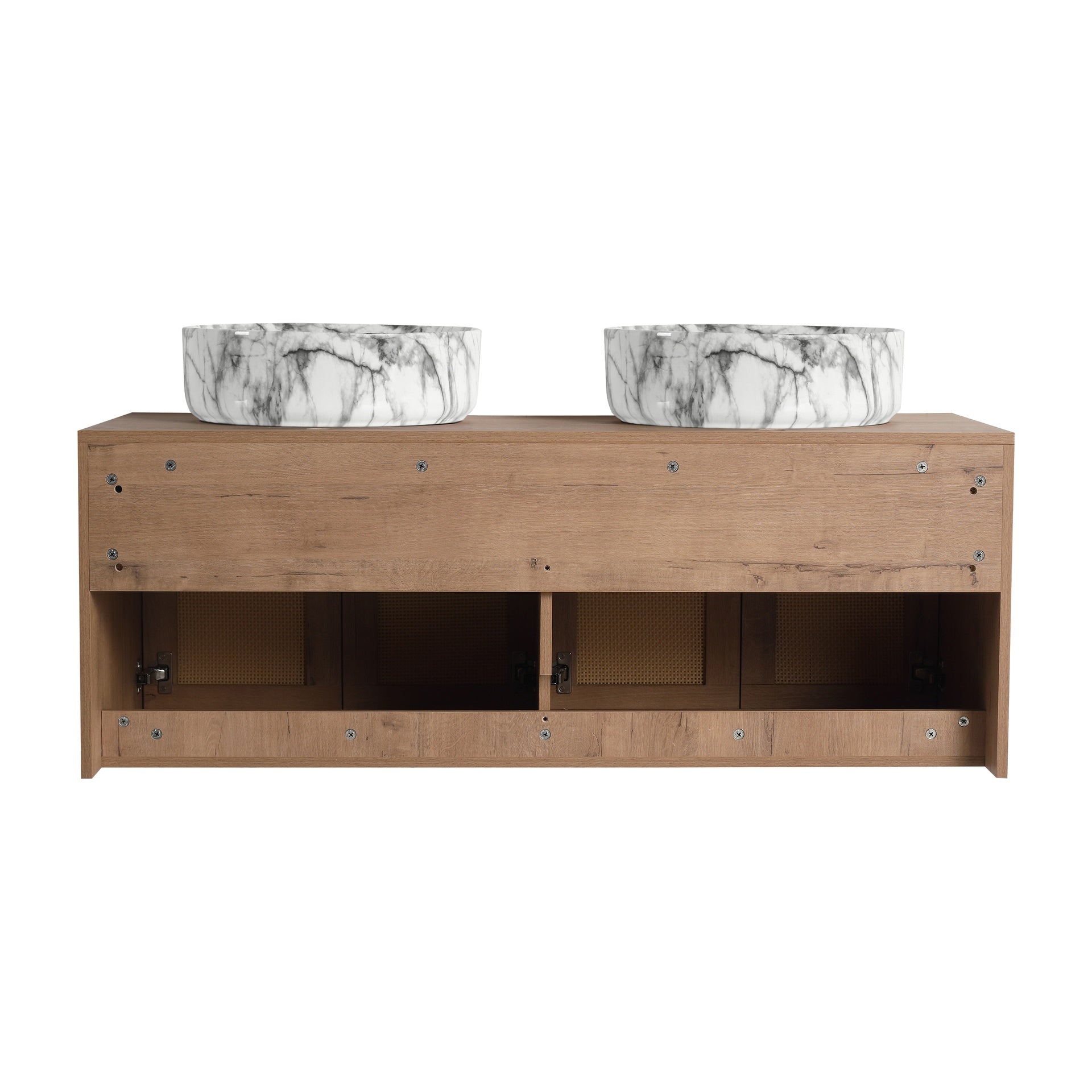 48" Bathroom Vanity with 2-Ceramic Art Sink, 4-Soft Close Door, Float Mounting Design, Plywood (KD-Packing)