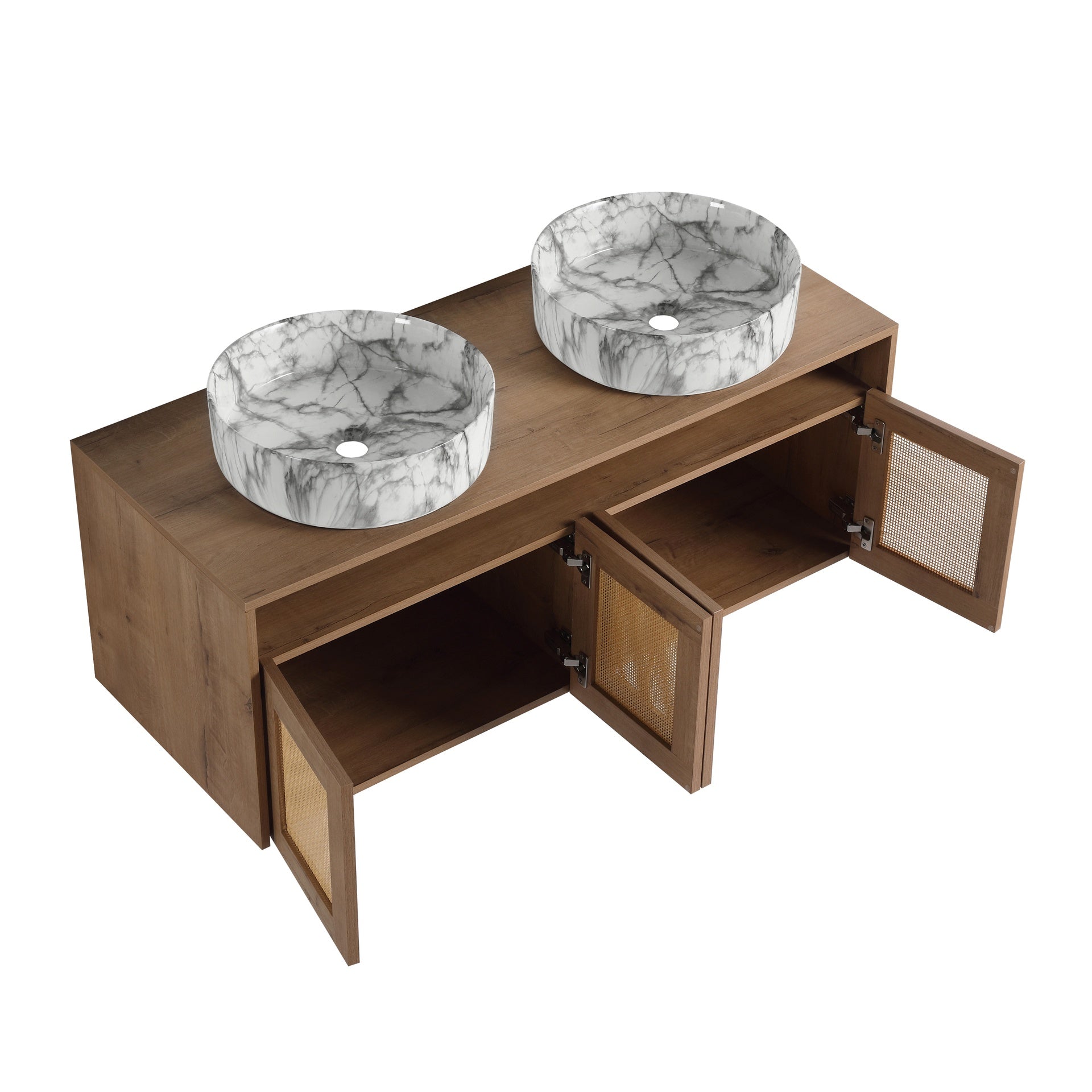 48" Bathroom Vanity with 2-Ceramic Art Sink, 4-Soft Close Door, Float Mounting Design, Plywood (KD-Packing)
