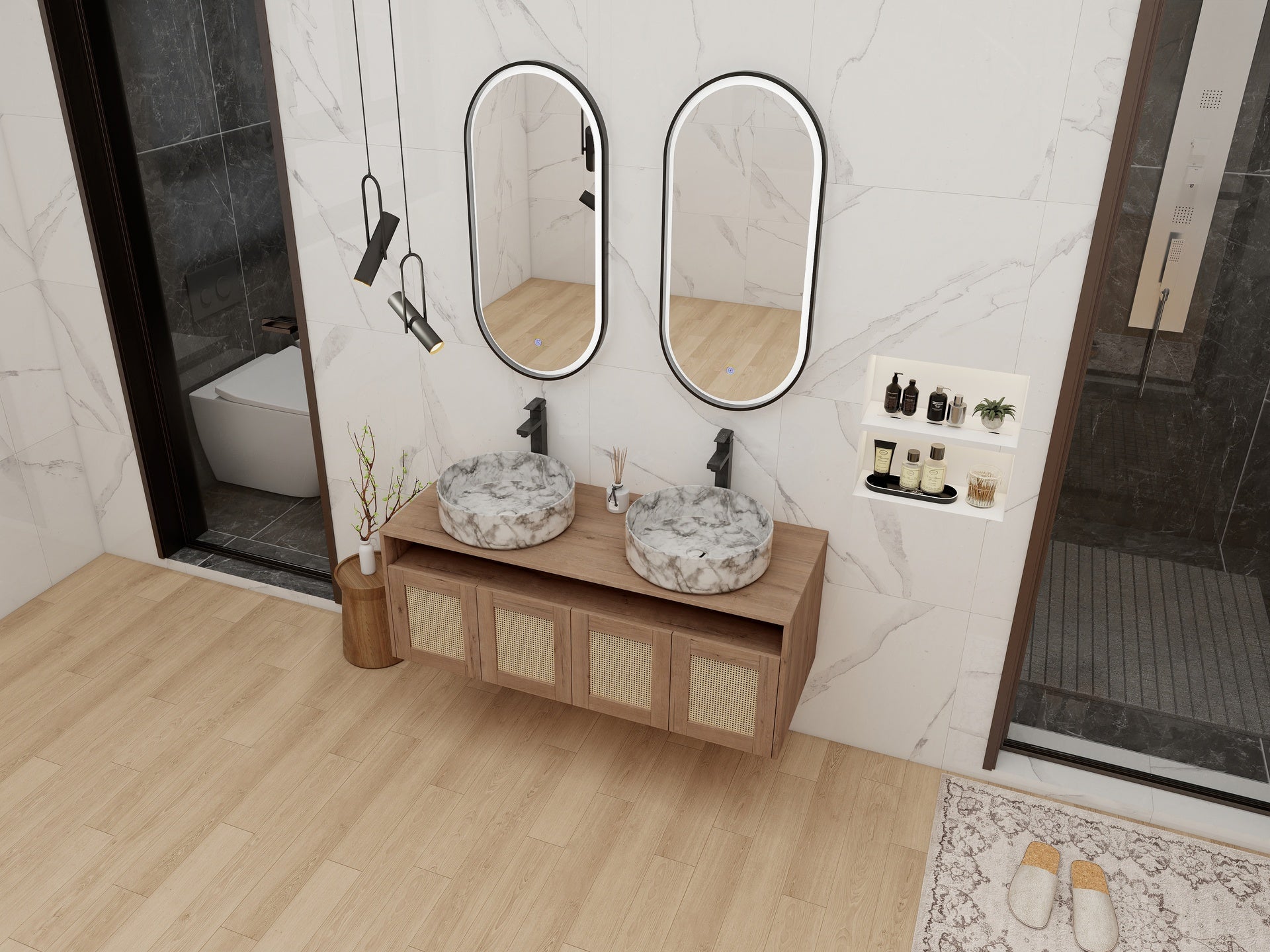 48" Bathroom Vanity with 2-Ceramic Art Sink, 4-Soft Close Door, Float Mounting Design, Plywood (KD-Packing)