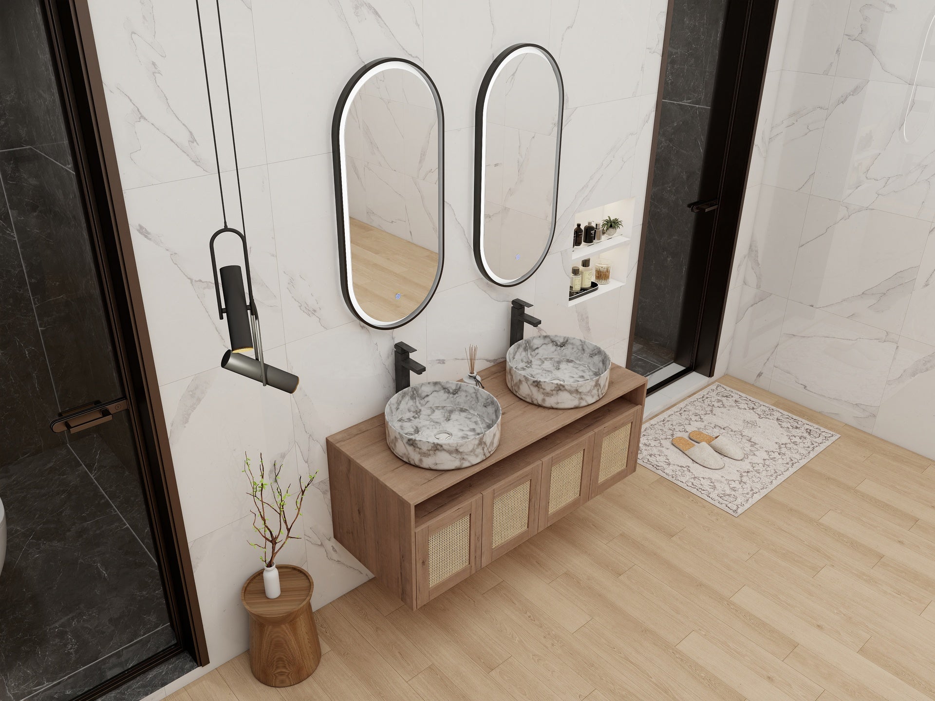 48" Bathroom Vanity with 2-Ceramic Art Sink, 4-Soft Close Door, Float Mounting Design, Plywood (KD-Packing)