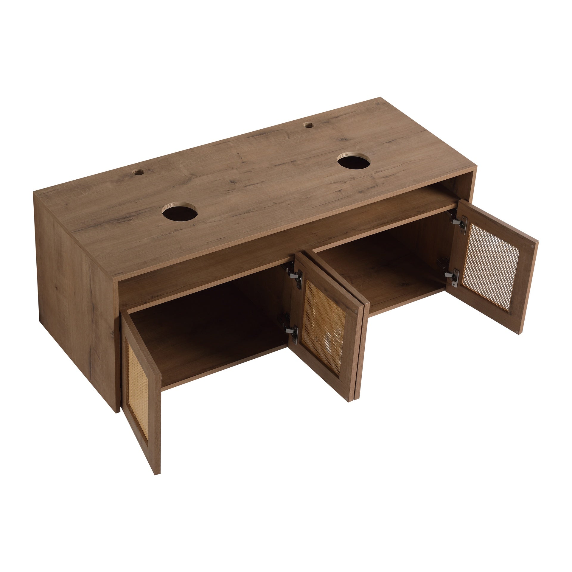 48" Bathroom Vanity with 2-Ceramic Art Sink, 4-Soft Close Door, Float Mounting Design, Plywood (KD-Packing)