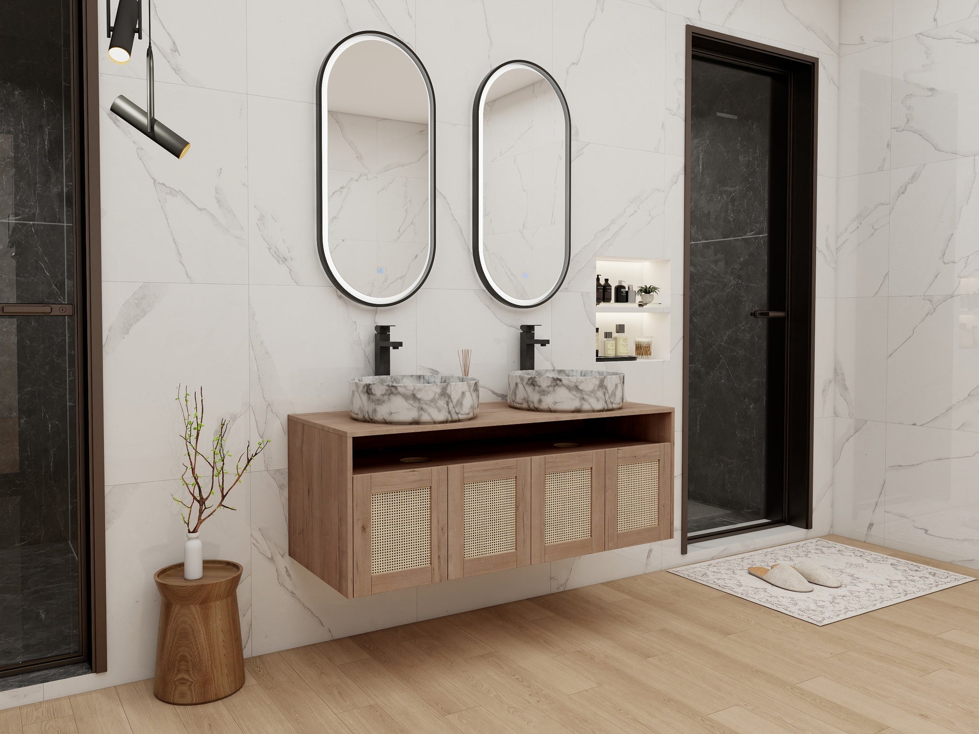 48" Bathroom Vanity with 2-Ceramic Art Sink, 4-Soft Close Door, Float Mounting Design, Plywood (KD-Packing)