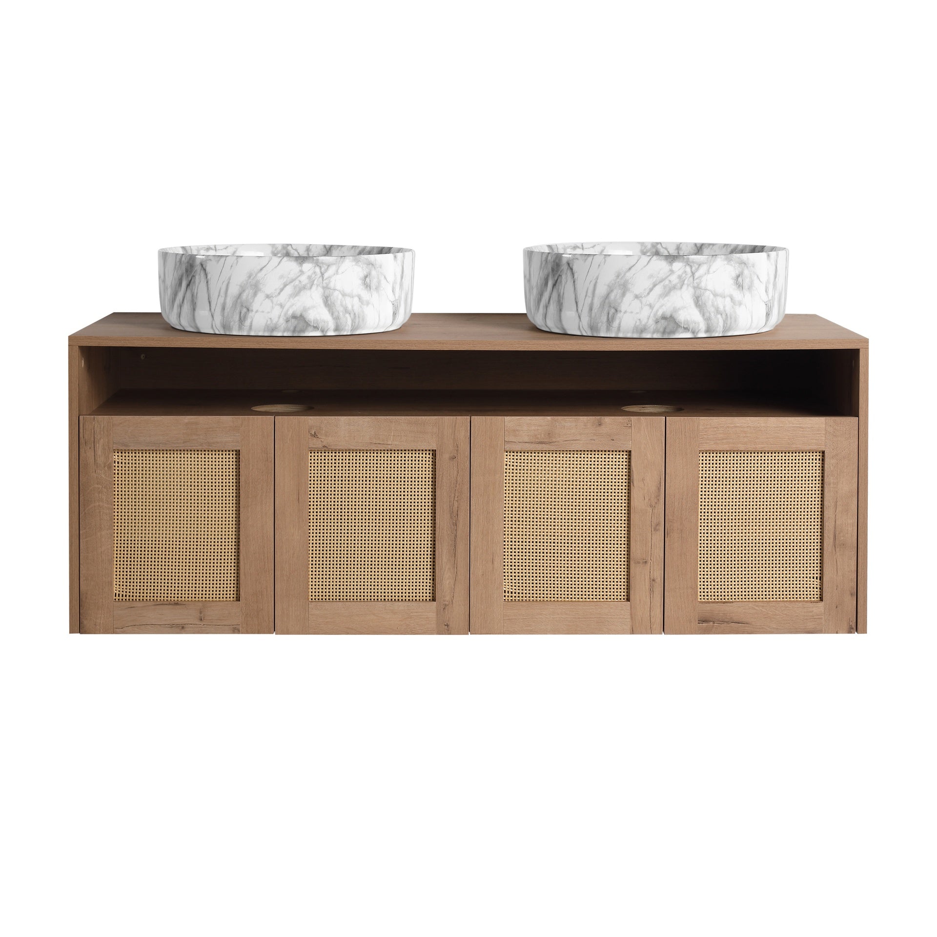 48" Bathroom Vanity with 2-Ceramic Art Sink, 4-Soft Close Door, Float Mounting Design, Plywood (KD-Packing)