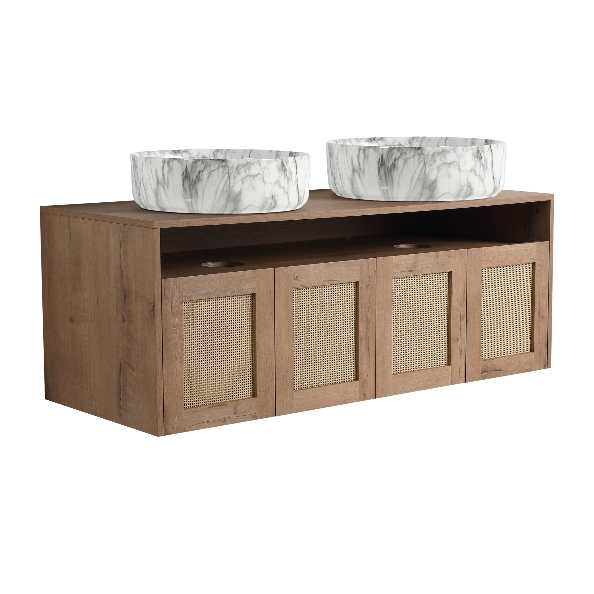 48" Bathroom Vanity with 2-Ceramic Art Sink, 4-Soft Close Door, Float Mounting Design, Plywood (KD-Packing)