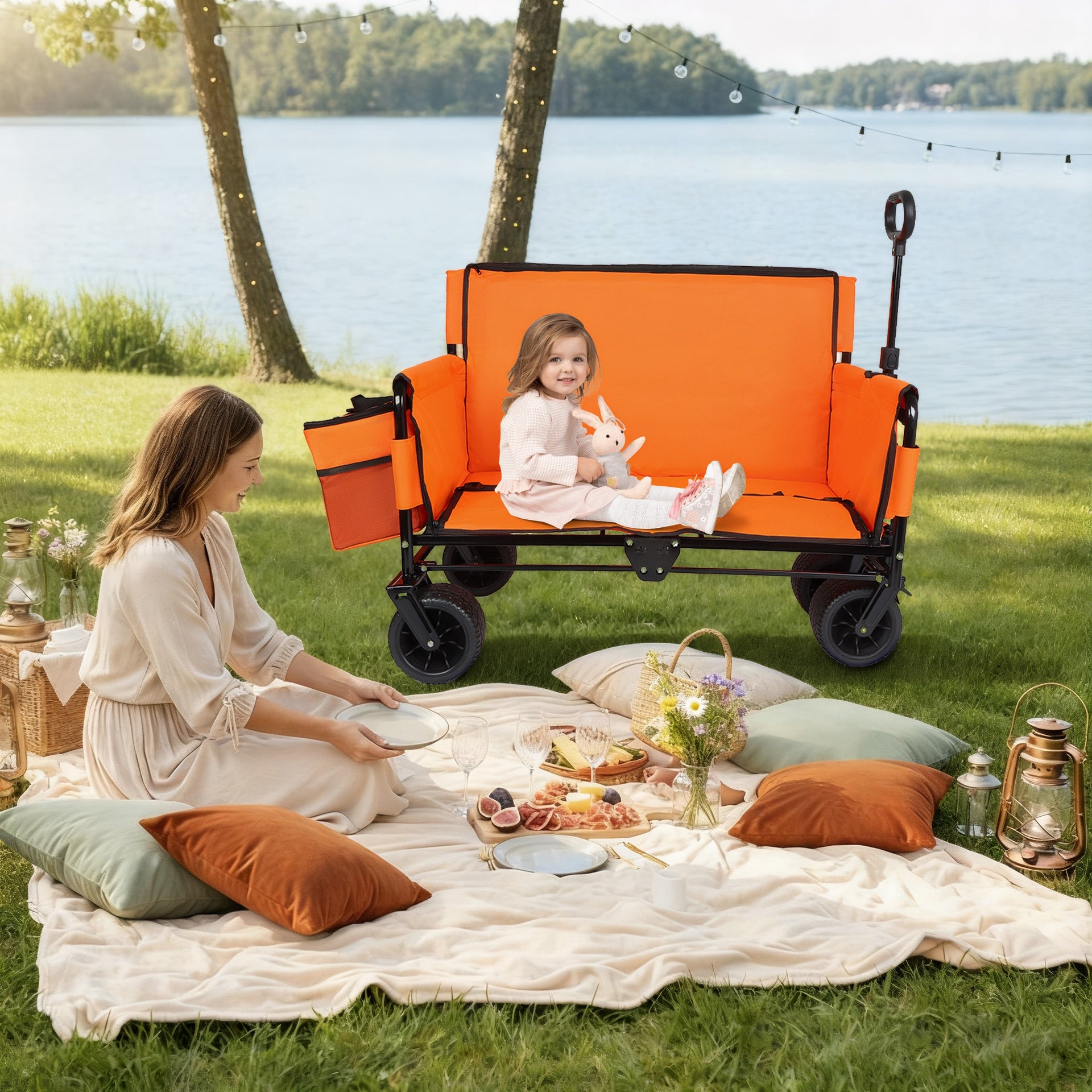 3-in-1 Folding Wagon Cart with Bench Seat, patent protection- Includes 1 ice pack, 500lbs Heavy-Duty Utility Wagon, 180L Capacity All-Terrain Wheels for Camping, Beach, Sports, Garden, orange