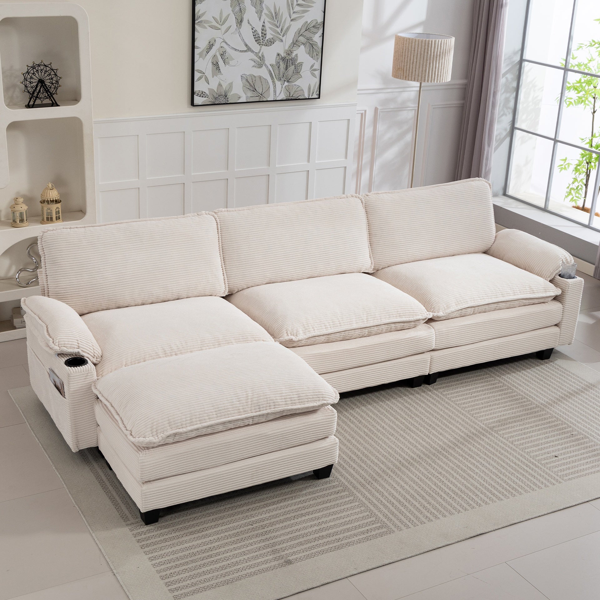 113" Modern 3+1 L-Shaped Corduroy Fabric Sofa,Modular Sectional Cloud Couch W/Ottoman,35D High-resilience Sponge&Double-layer Thick Cushion,Cup Holders,Storage Bags,Couches For Living Room,Apartment.