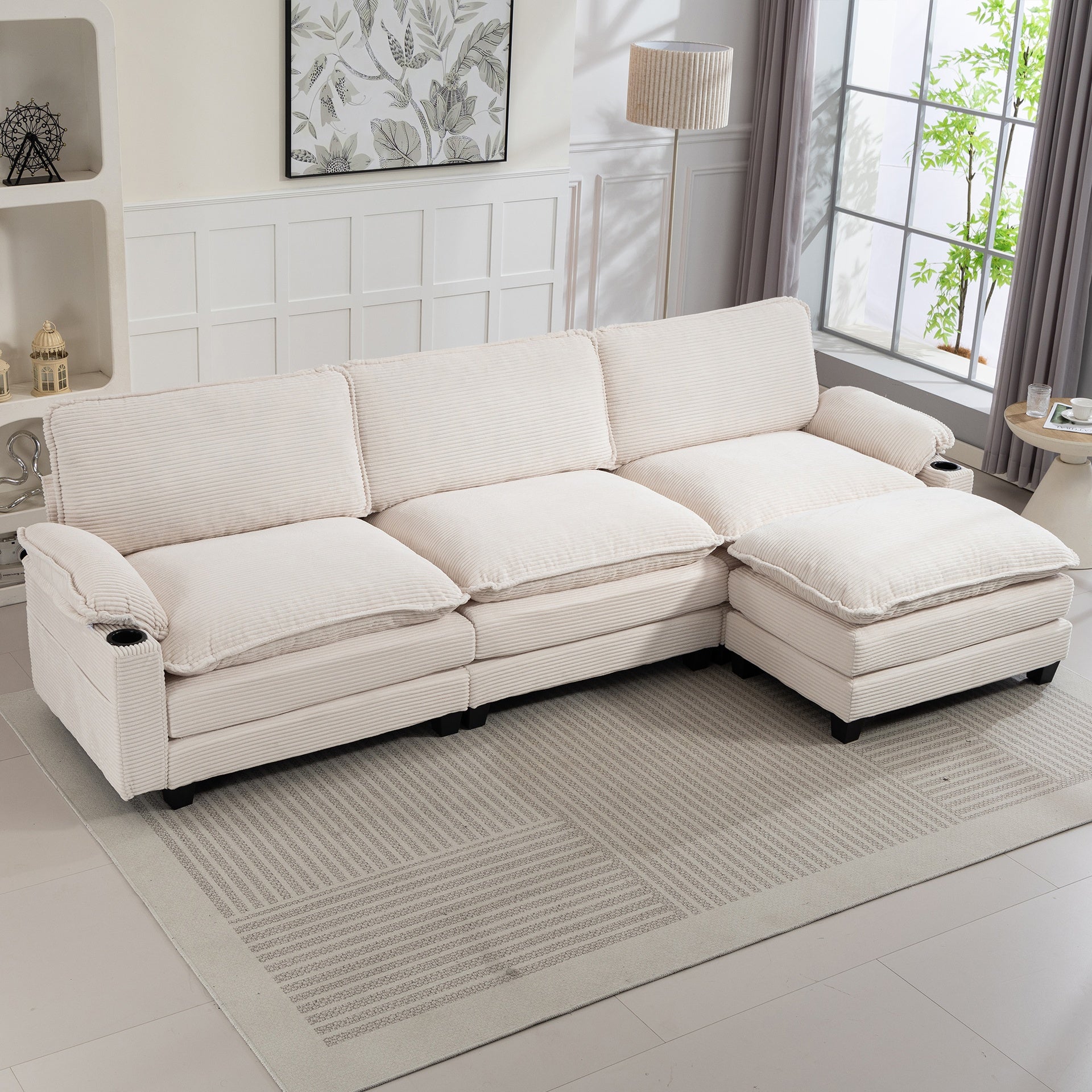 113" Modern 3+1 L-Shaped Corduroy Fabric Sofa,Modular Sectional Cloud Couch W/Ottoman,35D High-resilience Sponge&Double-layer Thick Cushion,Cup Holders,Storage Bags,Couches For Living Room,Apartment.