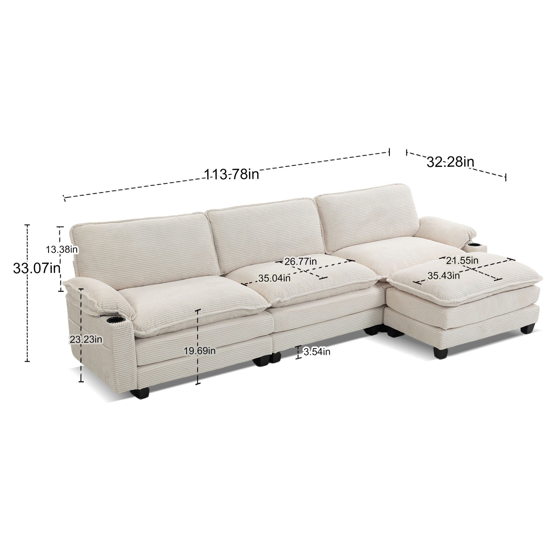 113" Modern 3+1 L-Shaped Corduroy Fabric Sofa,Modular Sectional Cloud Couch W/Ottoman,35D High-resilience Sponge&Double-layer Thick Cushion,Cup Holders,Storage Bags,Couches For Living Room,Apartment.