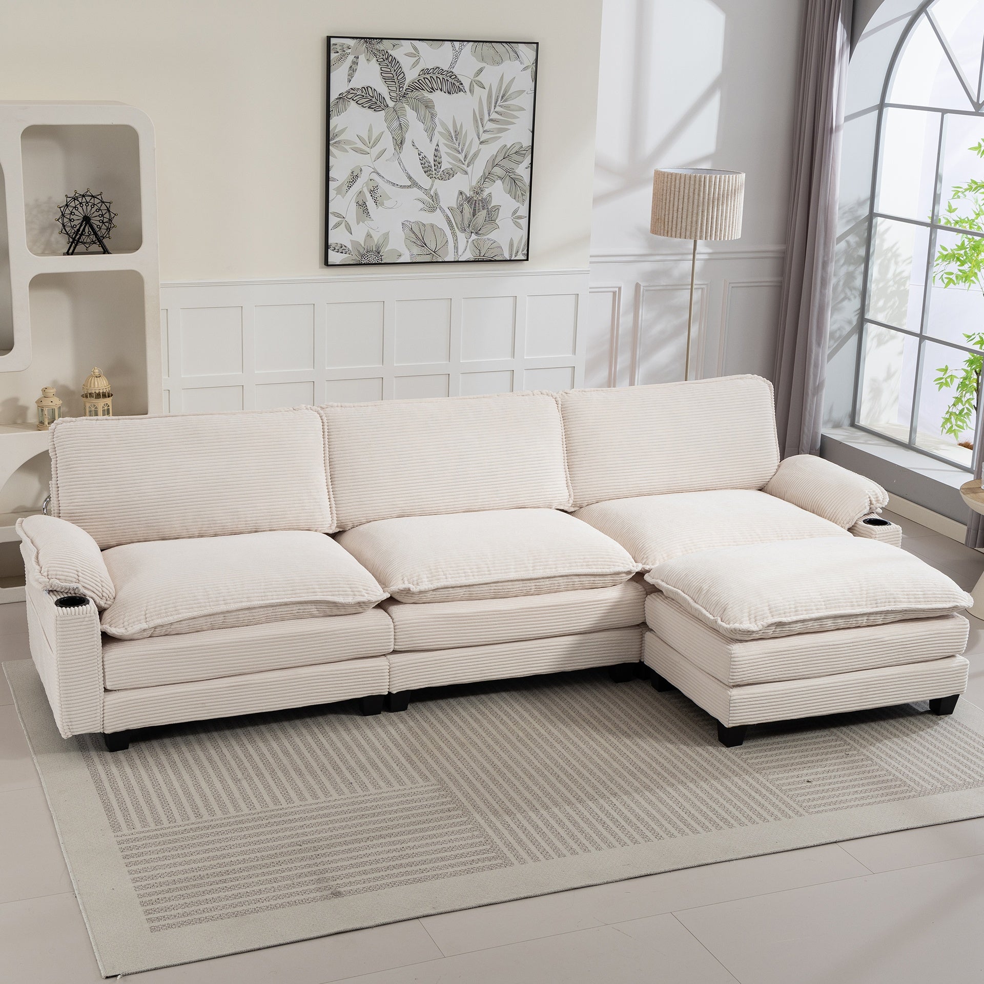 113" Modern 3+1 L-Shaped Corduroy Fabric Sofa,Modular Sectional Cloud Couch W/Ottoman,35D High-resilience Sponge&Double-layer Thick Cushion,Cup Holders,Storage Bags,Couches For Living Room,Apartment.