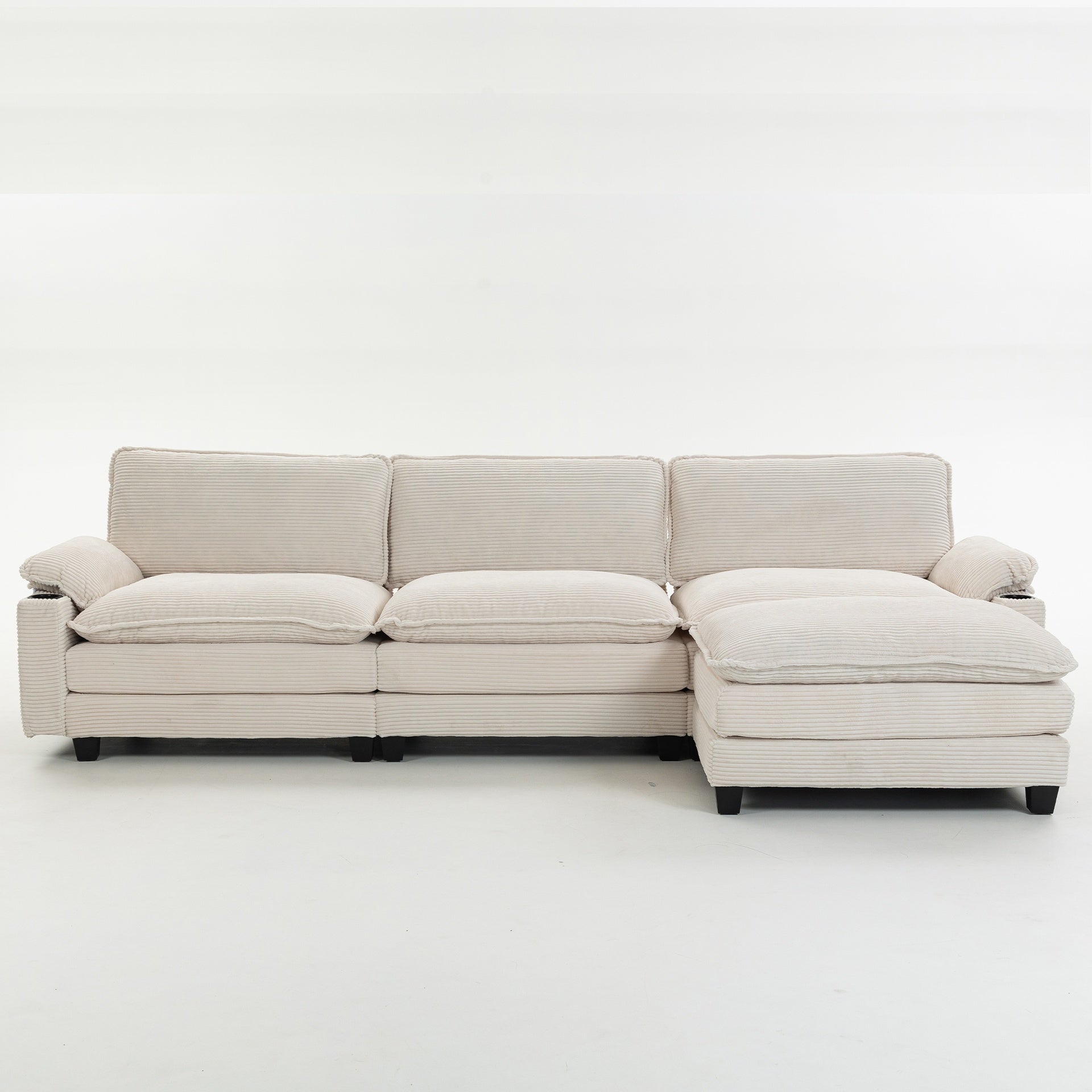 113" Modern 3+1 L-Shaped Corduroy Fabric Sofa,Modular Sectional Cloud Couch W/Ottoman,35D High-resilience Sponge&Double-layer Thick Cushion,Cup Holders,Storage Bags,Couches For Living Room,Apartment.