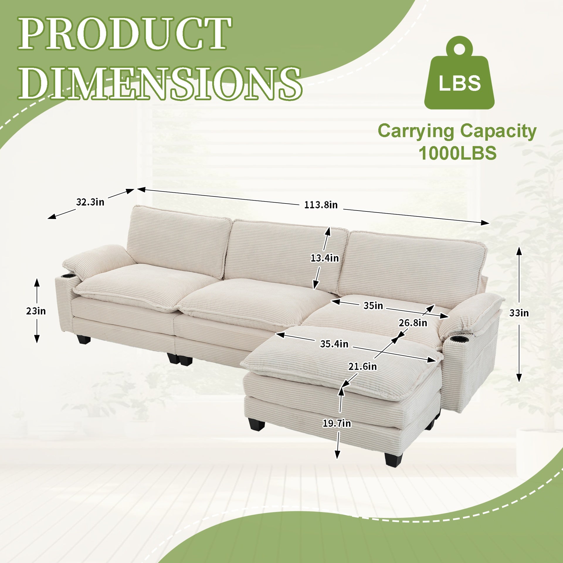 113" Modern 3+1 L-Shaped Corduroy Fabric Sofa,Modular Sectional Cloud Couch W/Ottoman,35D High-resilience Sponge&Double-layer Thick Cushion,Cup Holders,Storage Bags,Couches For Living Room,Apartment.