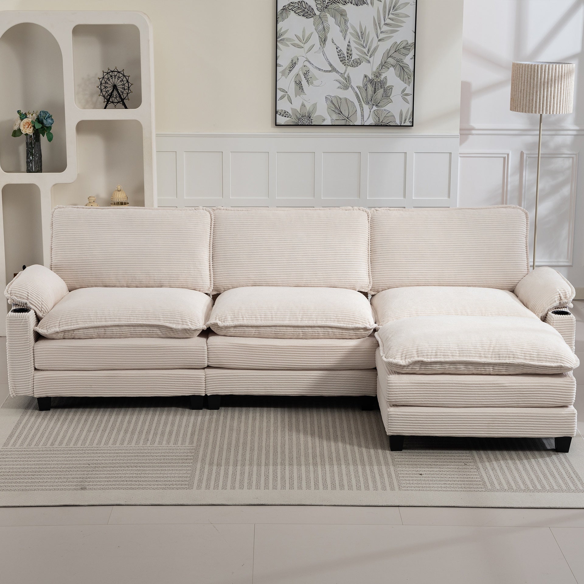 113" Modern 3+1 L-Shaped Corduroy Fabric Sofa,Modular Sectional Cloud Couch W/Ottoman,35D High-resilience Sponge&Double-layer Thick Cushion,Cup Holders,Storage Bags,Couches For Living Room,Apartment.