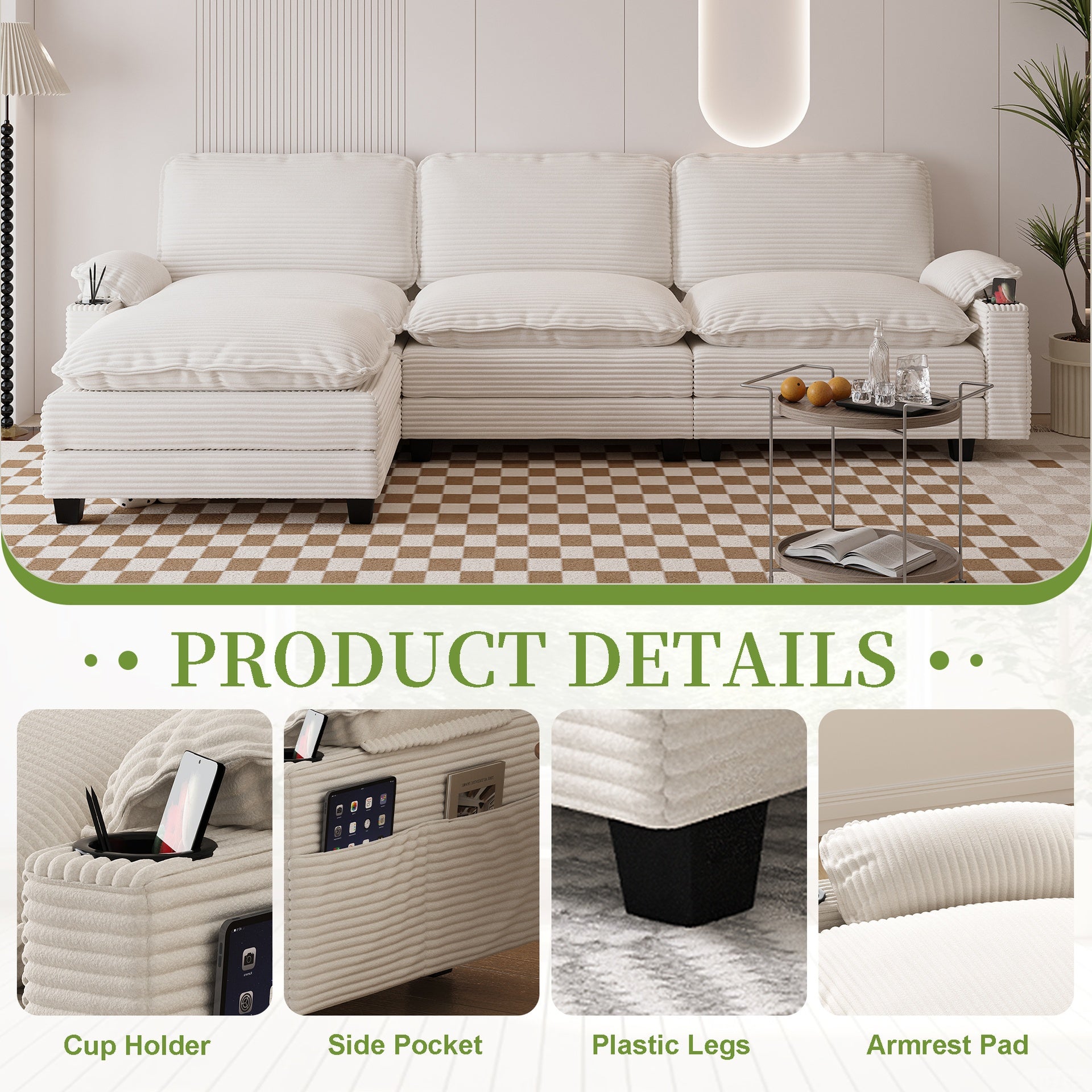 113" Modern 3+1 L-Shaped Corduroy Fabric Sofa,Modular Sectional Cloud Couch W/Ottoman,35D High-resilience Sponge&Double-layer Thick Cushion,Cup Holders,Storage Bags,Couches For Living Room,Apartment.
