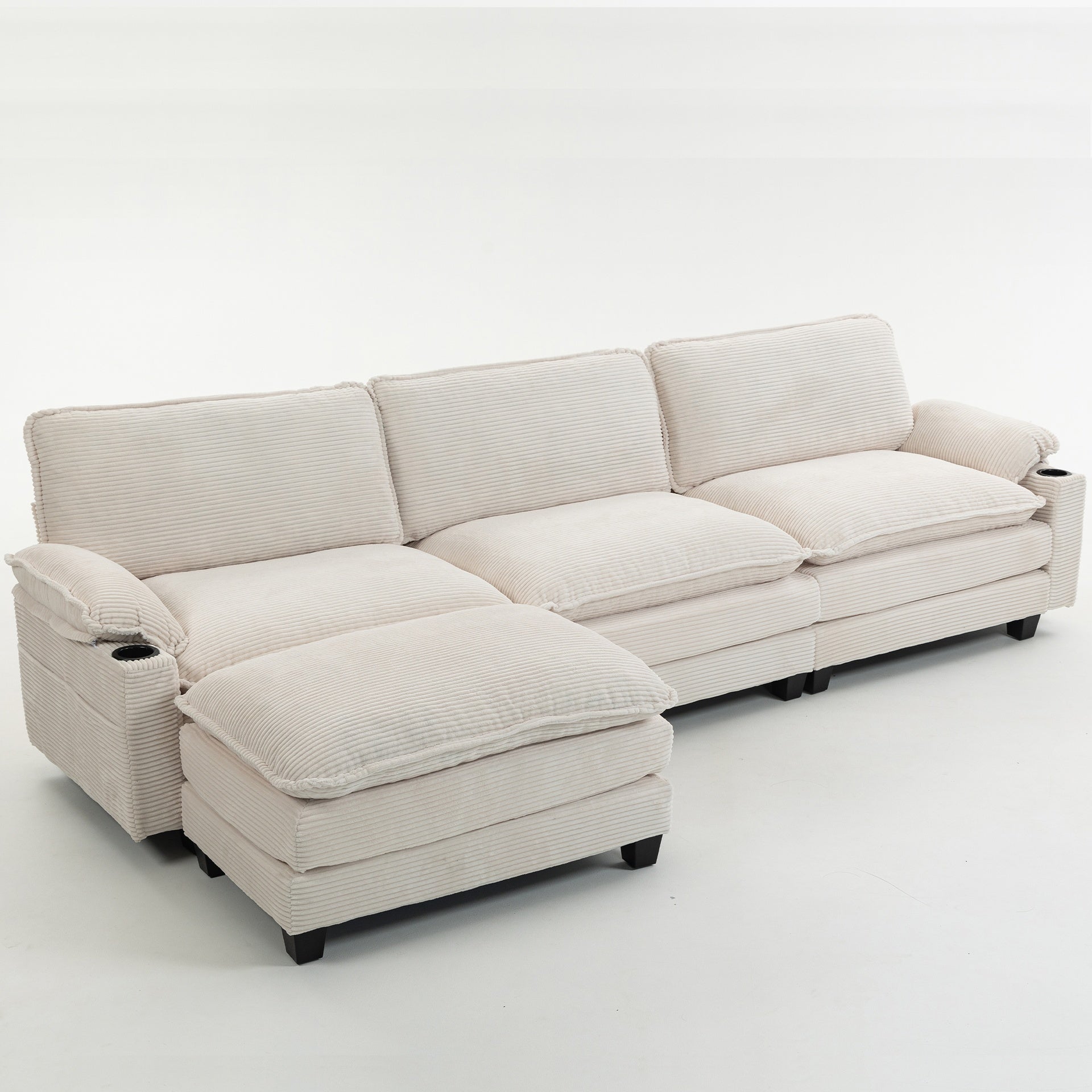 113" Modern 3+1 L-Shaped Corduroy Fabric Sofa,Modular Sectional Cloud Couch W/Ottoman,35D High-resilience Sponge&Double-layer Thick Cushion,Cup Holders,Storage Bags,Couches For Living Room,Apartment.
