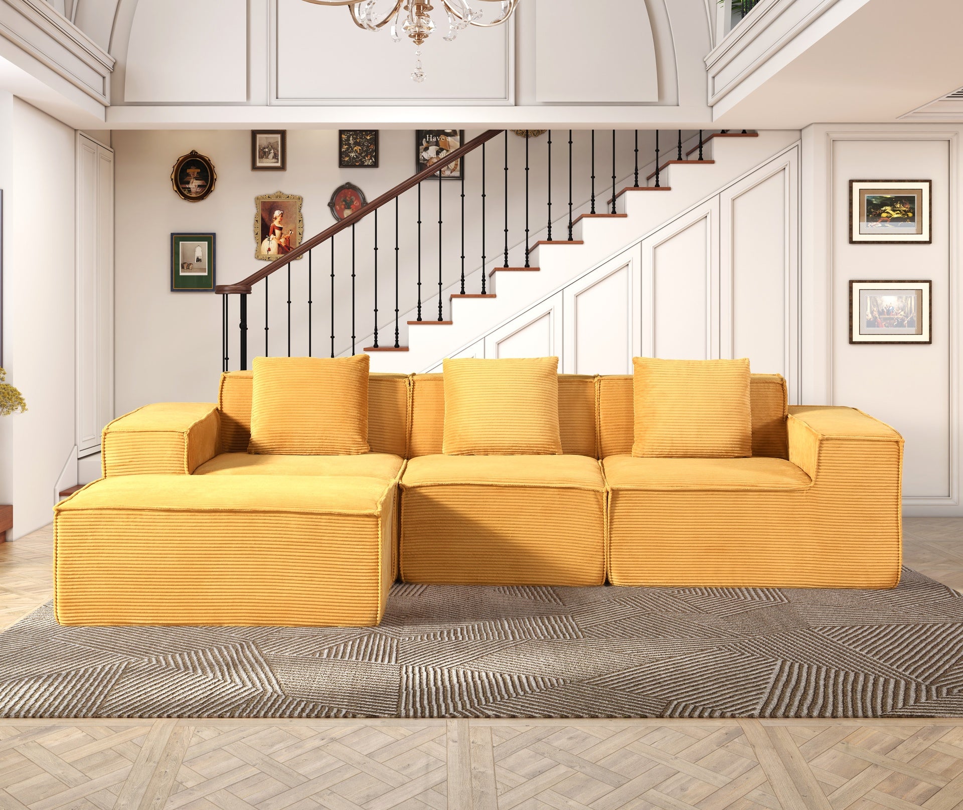CozyForm Convertible Corduroy Sectional Couch with Ottoman & Pillows, Modular L Shaped Sleeper Sofa, Boneless Cloud Couch for Living Room Furniture, Ginge Yellow