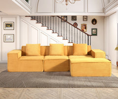 CozyForm Convertible Corduroy Sectional Couch with Ottoman & Pillows, Modular L Shaped Sleeper Sofa, Boneless Cloud Couch for Living Room Furniture, Ginge Yellow