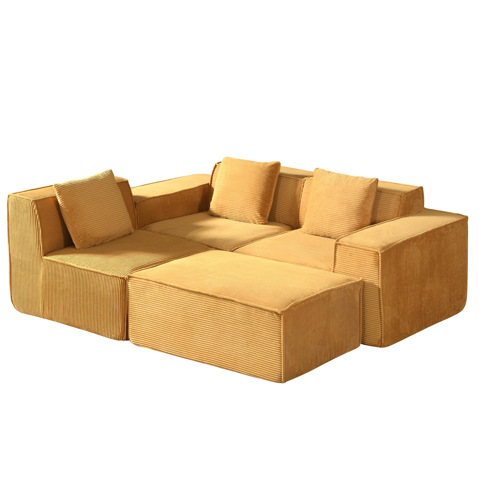 CozyForm Convertible Corduroy Sectional Couch with Ottoman & Pillows, Modular L Shaped Sleeper Sofa, Boneless Cloud Couch for Living Room Furniture, Ginge Yellow