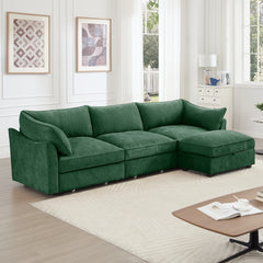L-Shaped 3 Seater Sectional Sofa Couch,3-seat Sofa with 1 Movable Ottoman, t, Comfortable, Wide and Deep Seat, Chenille  Green