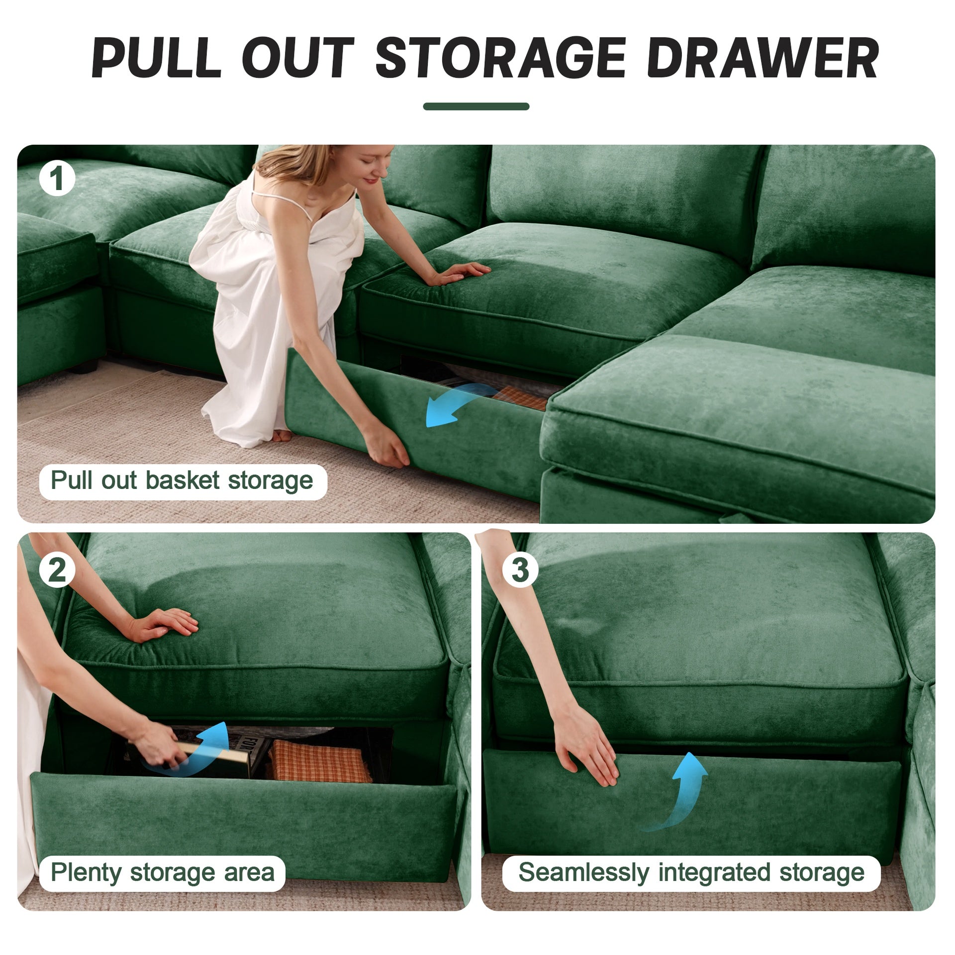 L-Shaped 3 Seater Sectional Sofa Couch,3-seat Sofa with 1 Movable Ottoman, t, Comfortable, Wide and Deep Seat, Chenille  Green