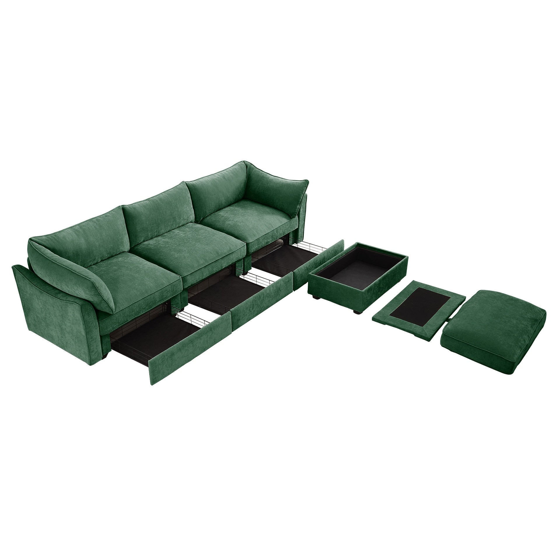 L-Shaped 3 Seater Sectional Sofa Couch,3-seat Sofa with 1 Movable Ottoman, t, Comfortable, Wide and Deep Seat, Chenille  Green