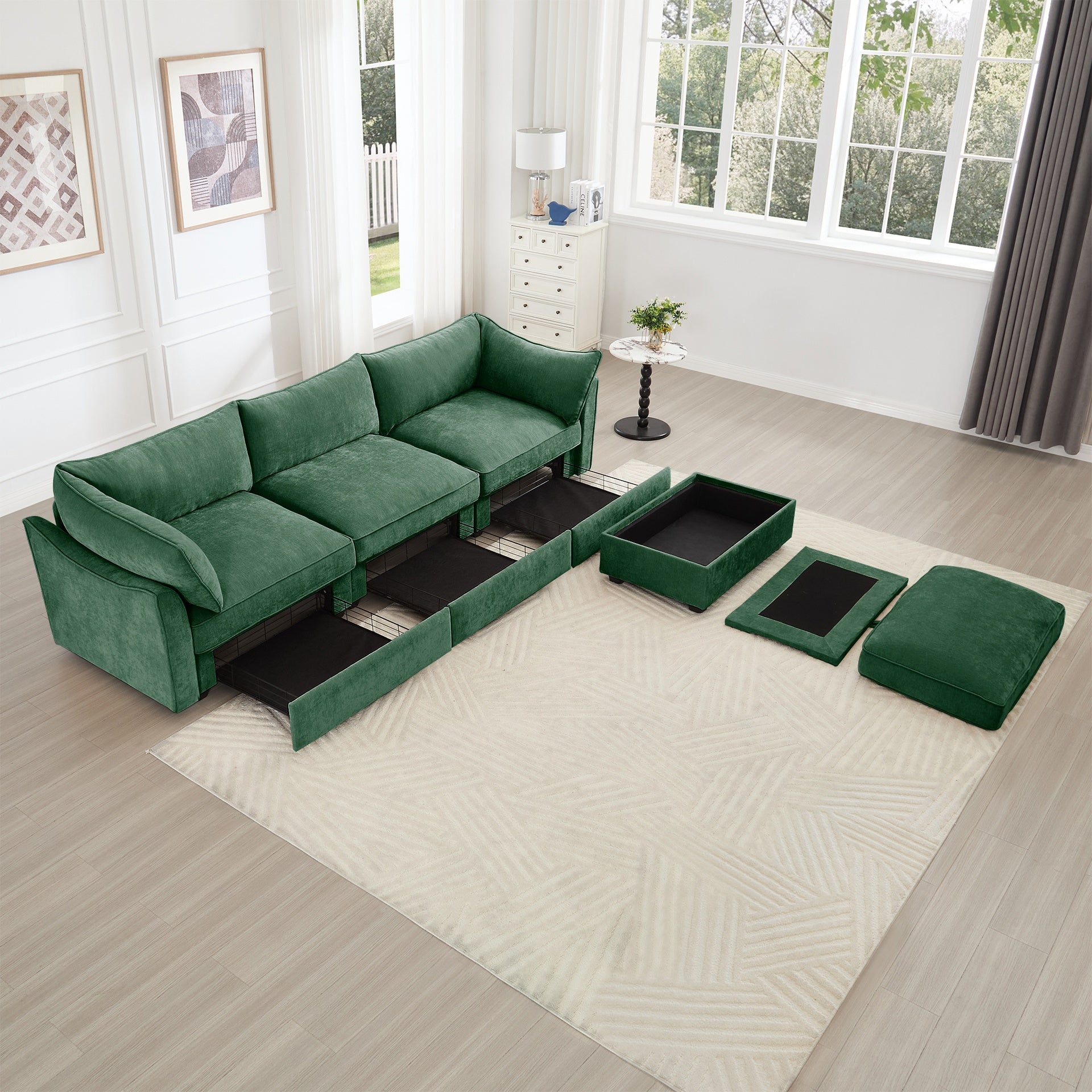 L-Shaped 3 Seater Sectional Sofa Couch,3-seat Sofa with 1 Movable Ottoman, t, Comfortable, Wide and Deep Seat, Chenille  Green