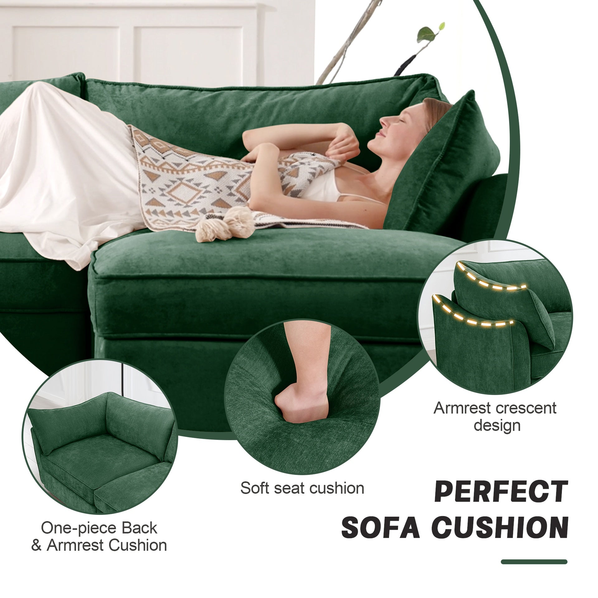 L-Shaped 3 Seater Sectional Sofa Couch,3-seat Sofa with 1 Movable Ottoman, t, Comfortable, Wide and Deep Seat, Chenille  Green