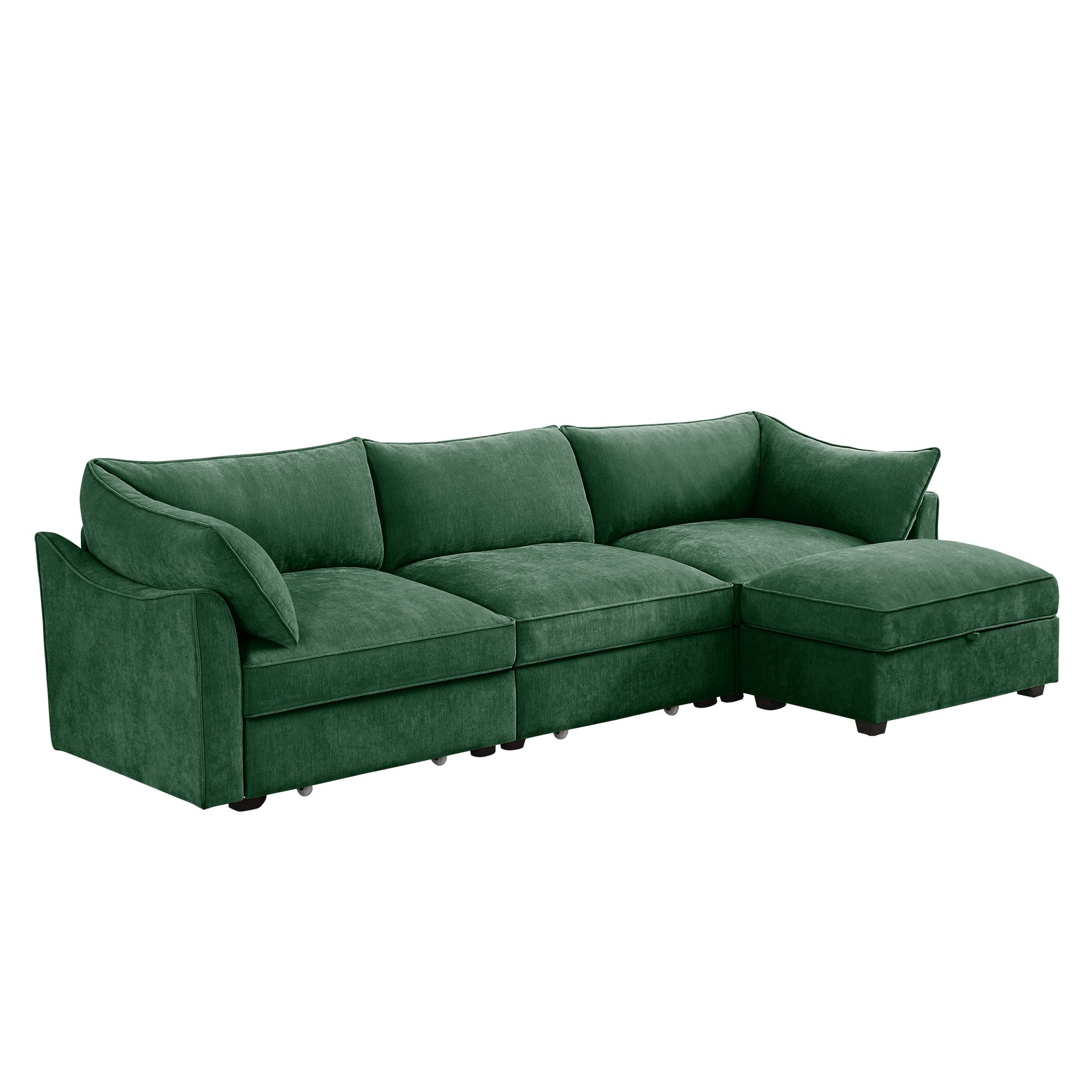 L-Shaped 3 Seater Sectional Sofa Couch,3-seat Sofa with 1 Movable Ottoman, t, Comfortable, Wide and Deep Seat, Chenille  Green