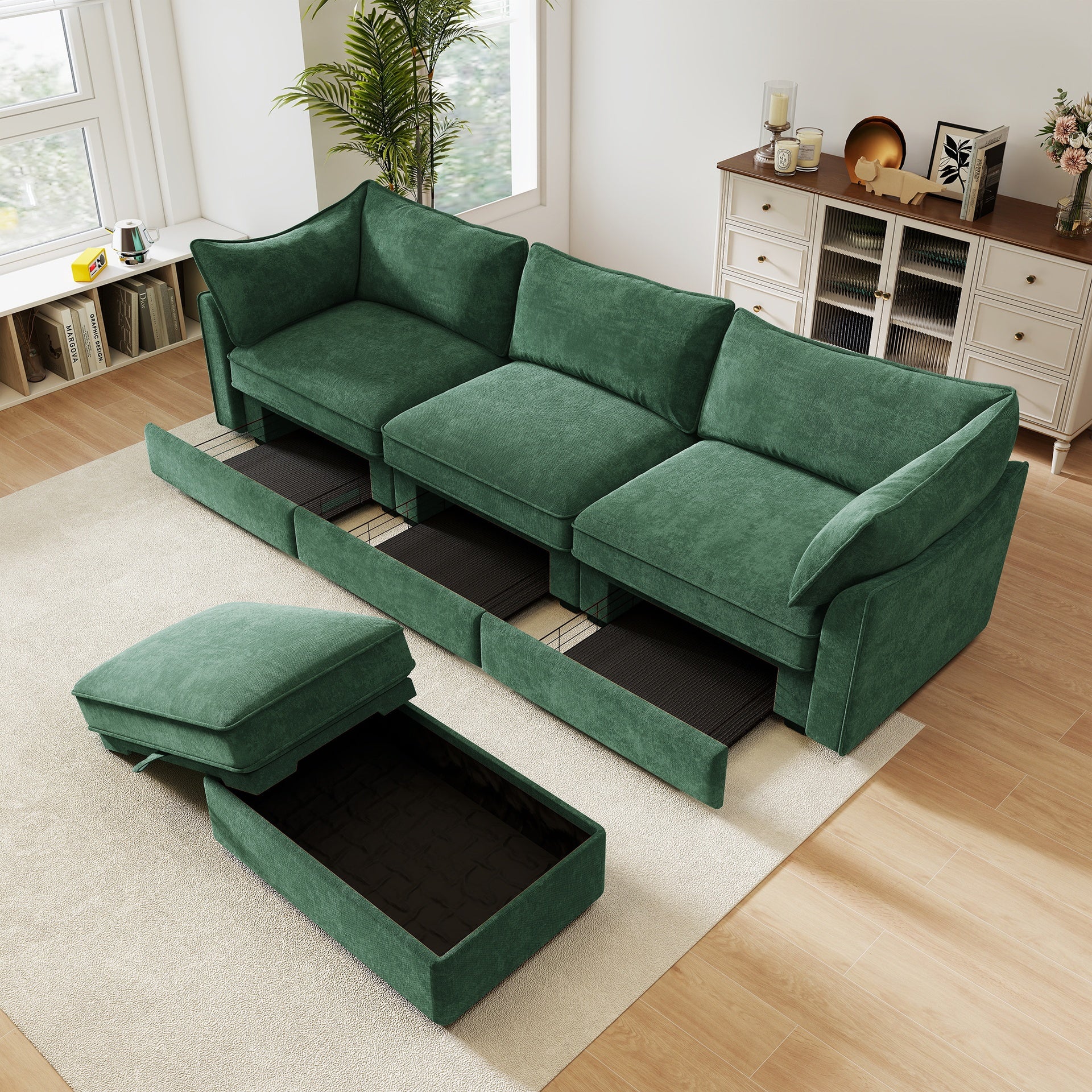 L-Shaped 3 Seater Sectional Sofa Couch,3-seat Sofa with 1 Movable Ottoman, t, Comfortable, Wide and Deep Seat, Chenille  Green