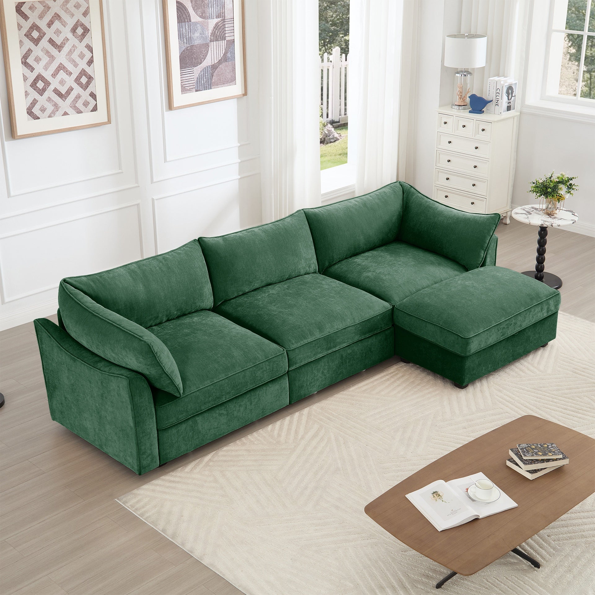 L-Shaped 3 Seater Sectional Sofa Couch,3-seat Sofa with 1 Movable Ottoman, t, Comfortable, Wide and Deep Seat, Chenille  Green