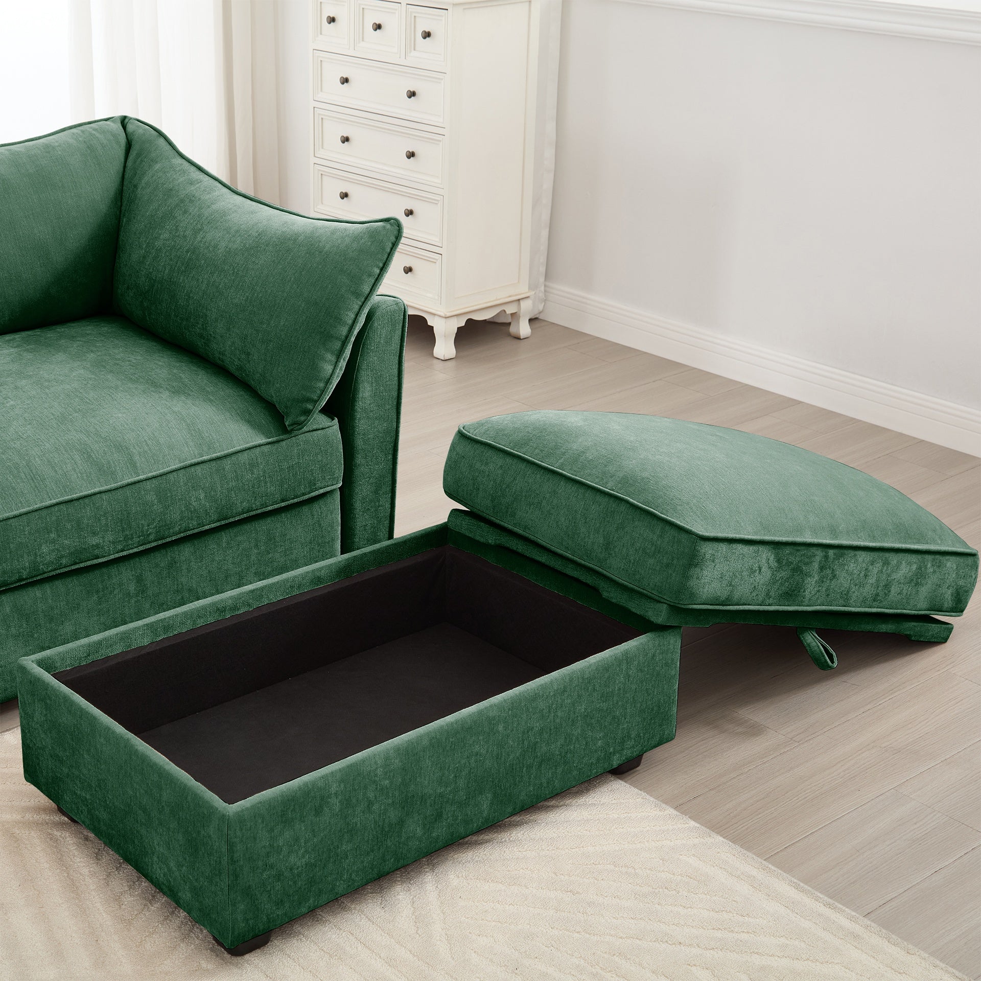 L-Shaped 3 Seater Sectional Sofa Couch,3-seat Sofa with 1 Movable Ottoman, t, Comfortable, Wide and Deep Seat, Chenille  Green