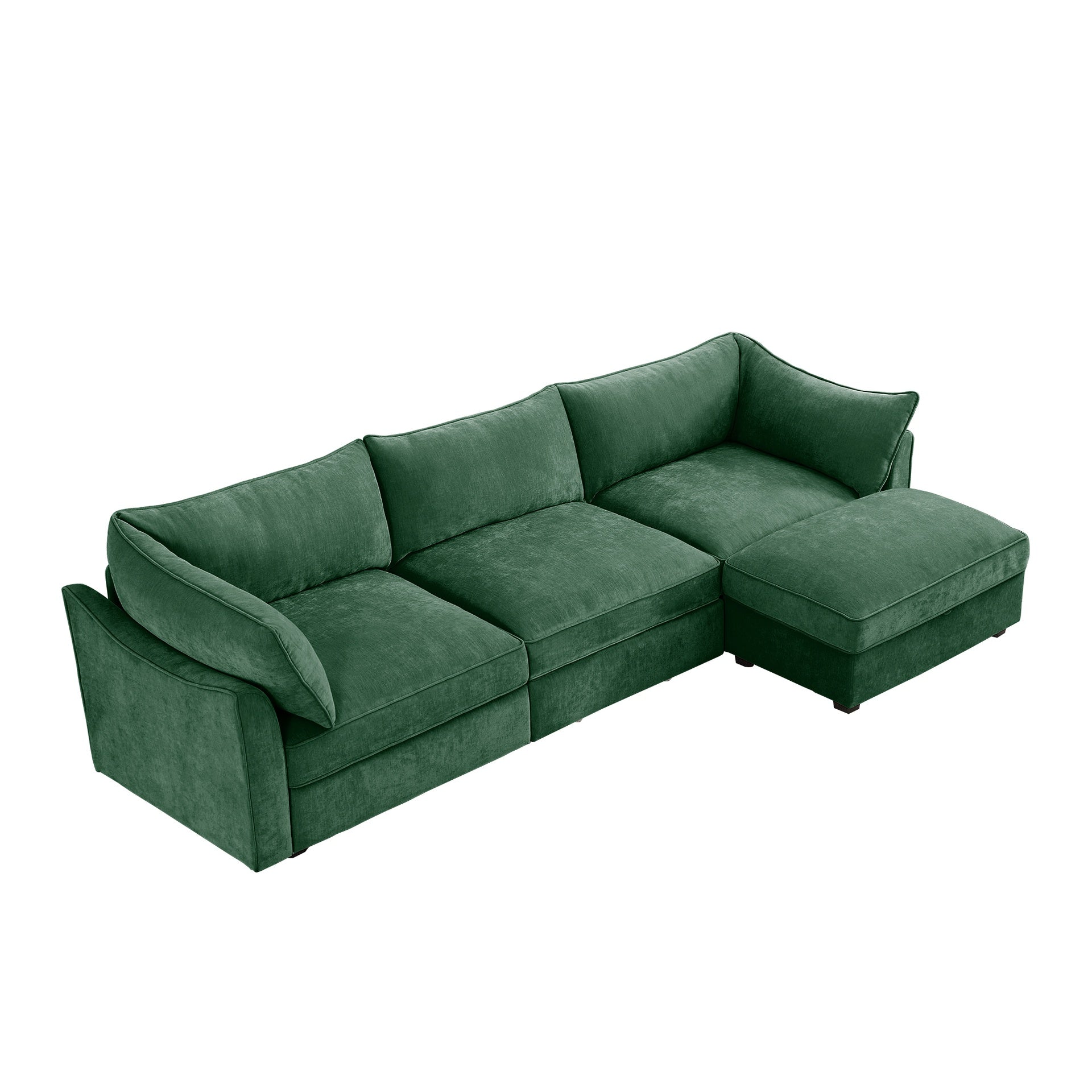 L-Shaped 3 Seater Sectional Sofa Couch,3-seat Sofa with 1 Movable Ottoman, t, Comfortable, Wide and Deep Seat, Chenille  Green