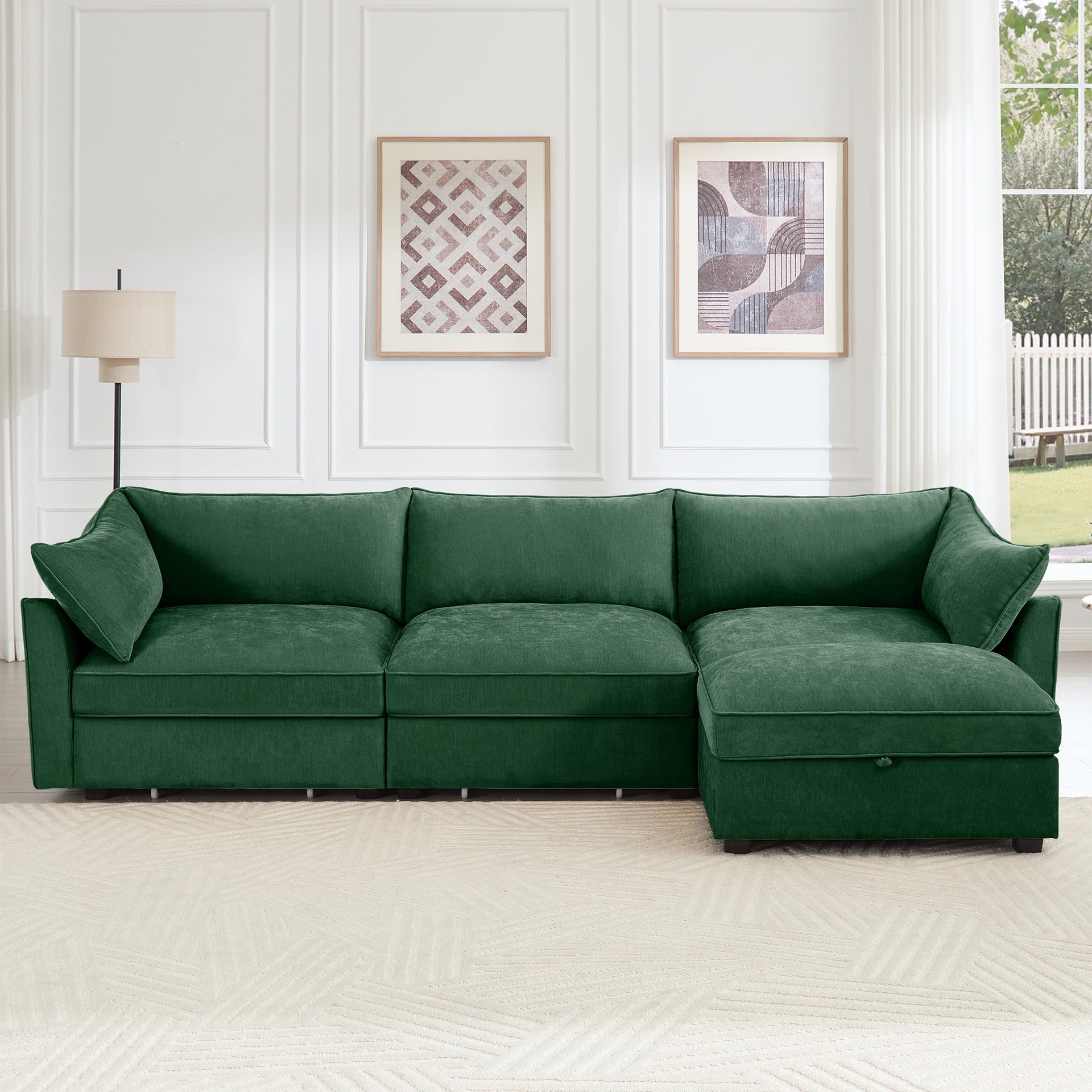 L-Shaped 3 Seater Sectional Sofa Couch,3-seat Sofa with 1 Movable Ottoman, t, Comfortable, Wide and Deep Seat, Chenille  Green