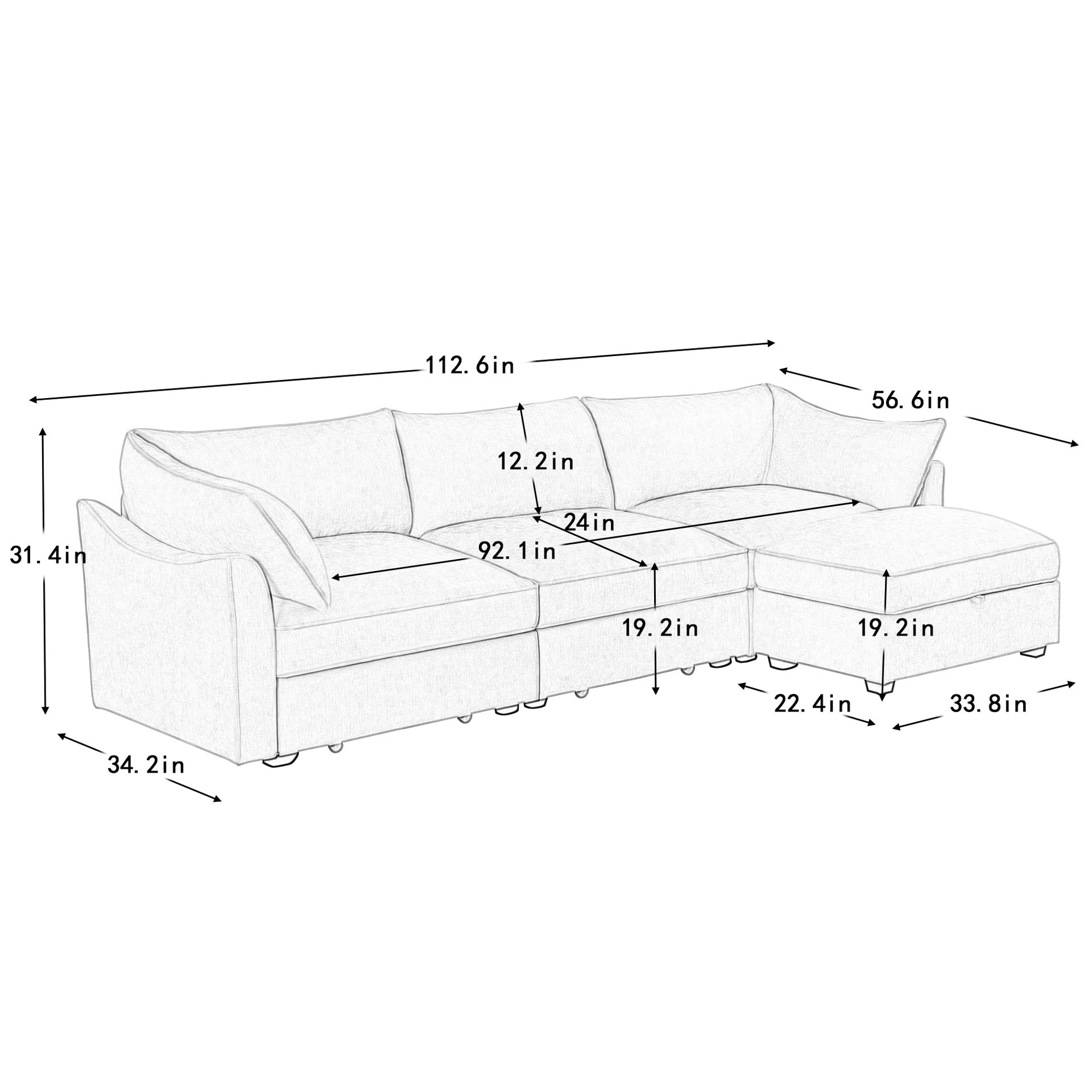 L-Shaped 3 Seater Sectional Sofa Couch,3-seat Sofa with 1 Movable Ottoman, t, Comfortable, Wide and Deep Seat, Chenille  Green