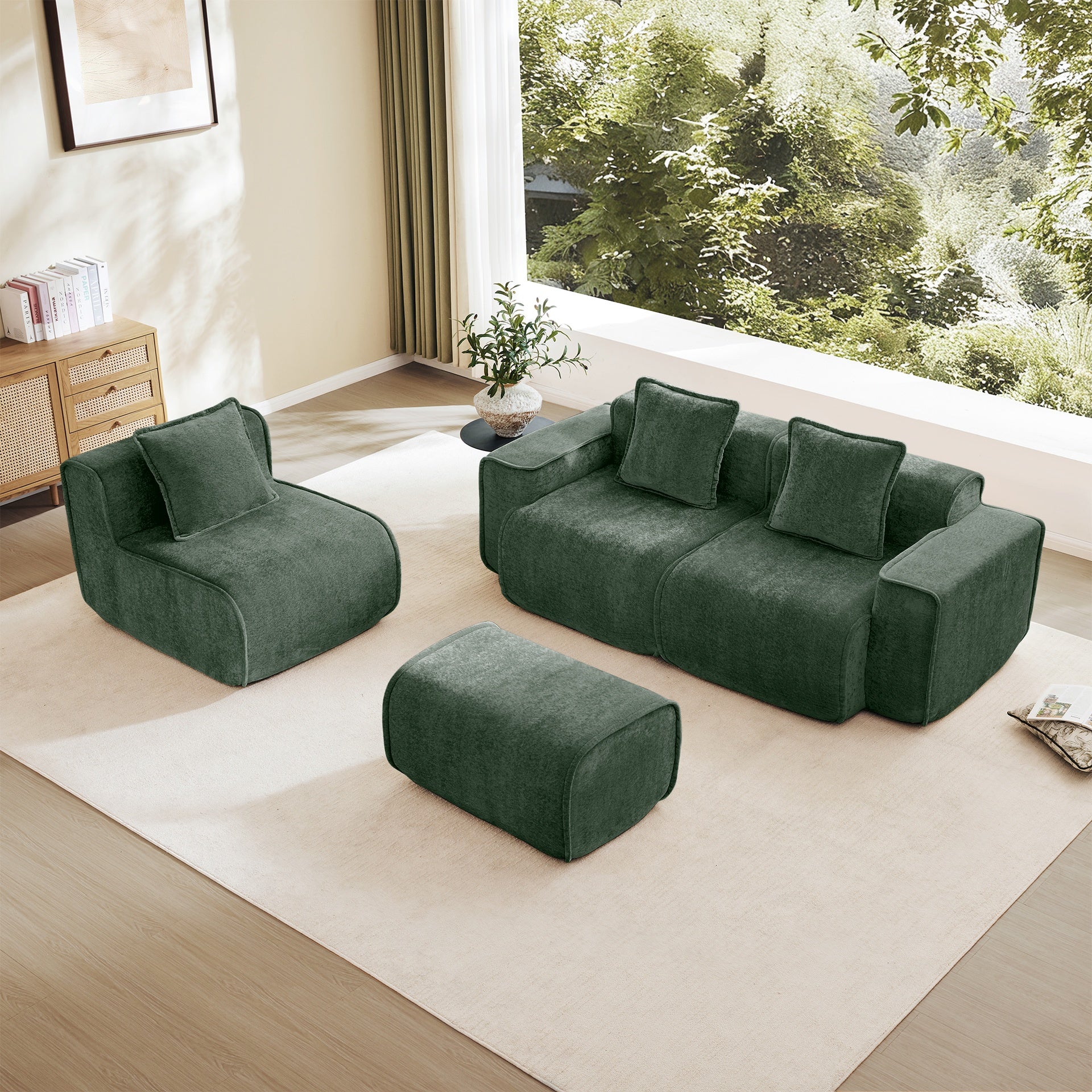 Streamlined Design Modular 3 Seat L Shape Sectional Boneless Sofa with French Edge Piping, No Assembly Required, 3-Seat Sofa Couch with Throw Pillows and 1 Movable Ottoman, Velvet Fabric Green