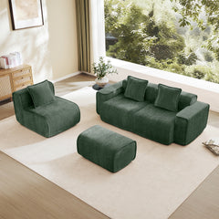 Streamlined Design Modular 3 Seat L Shape Sectional Boneless Sofa with French Edge Piping, No Assembly Required, 3-Seat Sofa Couch with Throw Pillows and 1 Movable Ottoman, Velvet Fabric Green