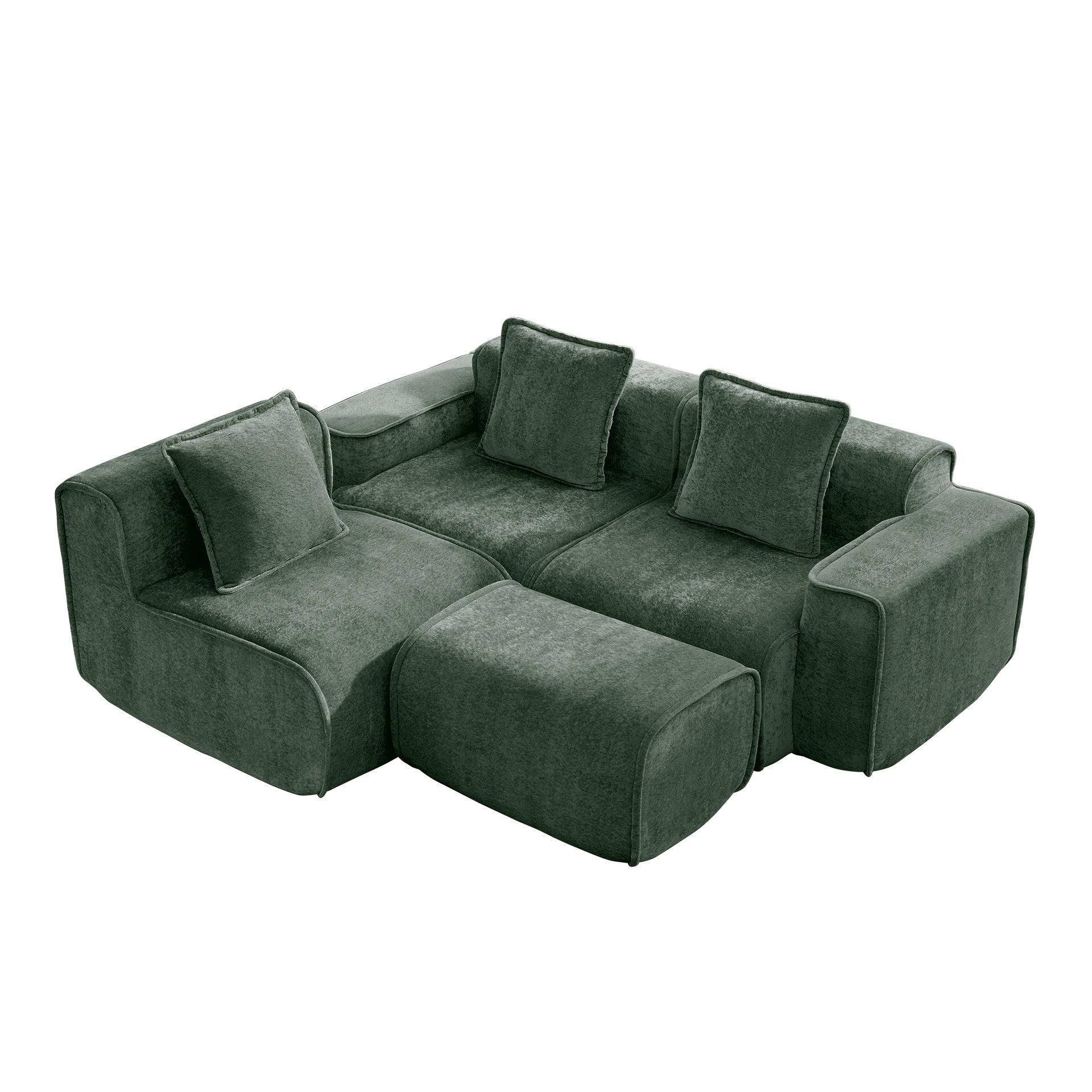Streamlined Design Modular 3 Seat L Shape Sectional Boneless Sofa with French Edge Piping, No Assembly Required, 3-Seat Sofa Couch with Throw Pillows and 1 Movable Ottoman, Velvet Fabric Green