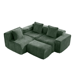 Streamlined Design Modular 3 Seat L Shape Sectional Boneless Sofa with French Edge Piping, No Assembly Required, 3-Seat Sofa Couch with Throw Pillows and 1 Movable Ottoman, Velvet Fabric Green