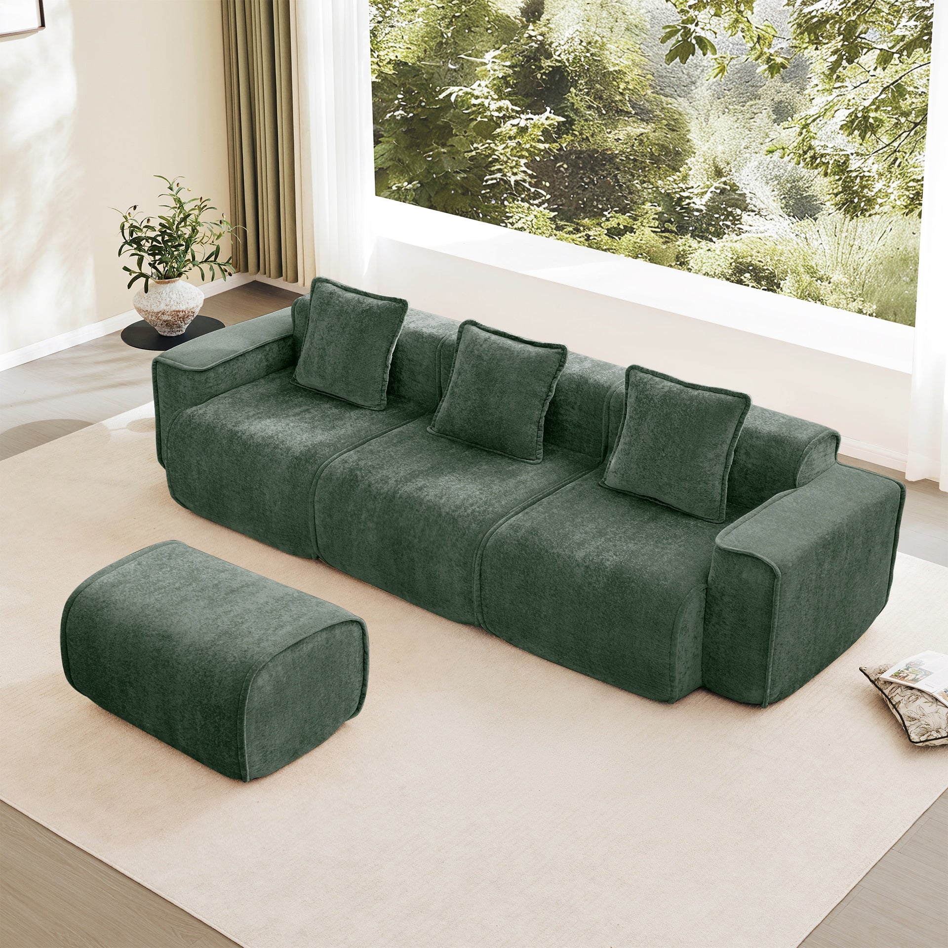 Streamlined Design Modular 3 Seat L Shape Sectional Boneless Sofa with French Edge Piping, No Assembly Required, 3-Seat Sofa Couch with Throw Pillows and 1 Movable Ottoman, Velvet Fabric Green