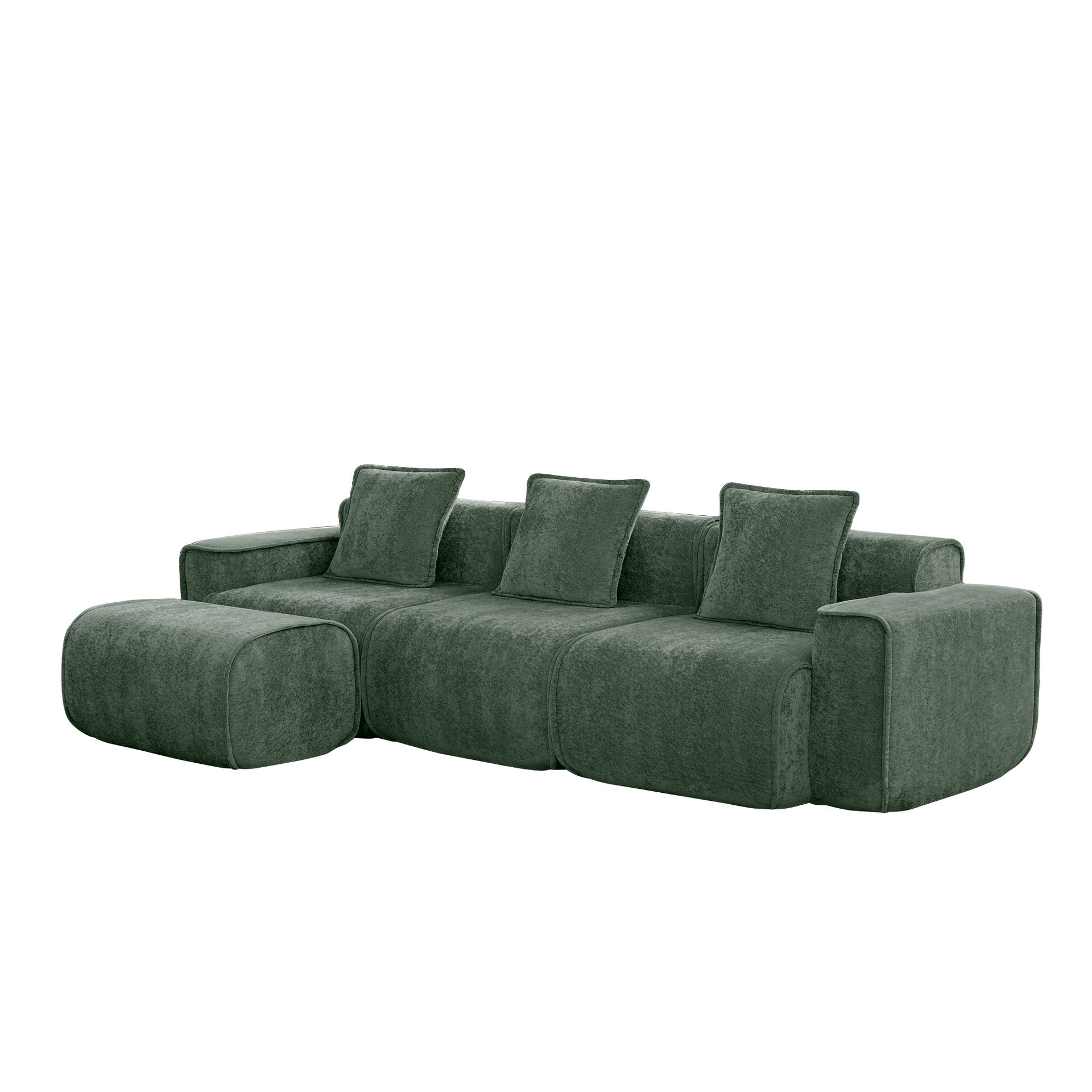 Streamlined Design Modular 3 Seat L Shape Sectional Boneless Sofa with French Edge Piping, No Assembly Required, 3-Seat Sofa Couch with Throw Pillows and 1 Movable Ottoman, Velvet Fabric Green