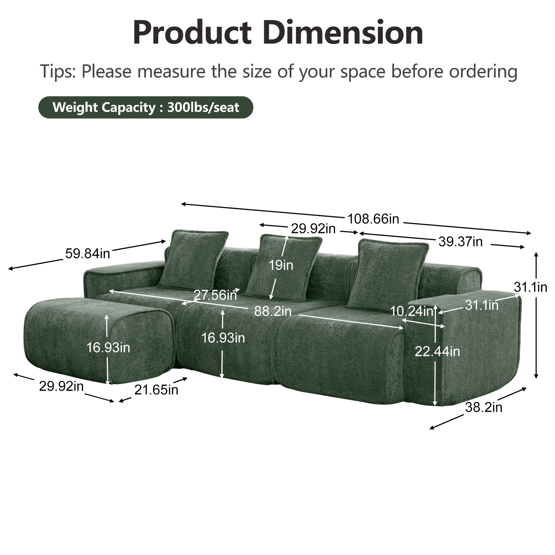 Streamlined Design Modular 3 Seat L Shape Sectional Boneless Sofa with French Edge Piping, No Assembly Required, 3-Seat Sofa Couch with Throw Pillows and 1 Movable Ottoman, Velvet Fabric Green