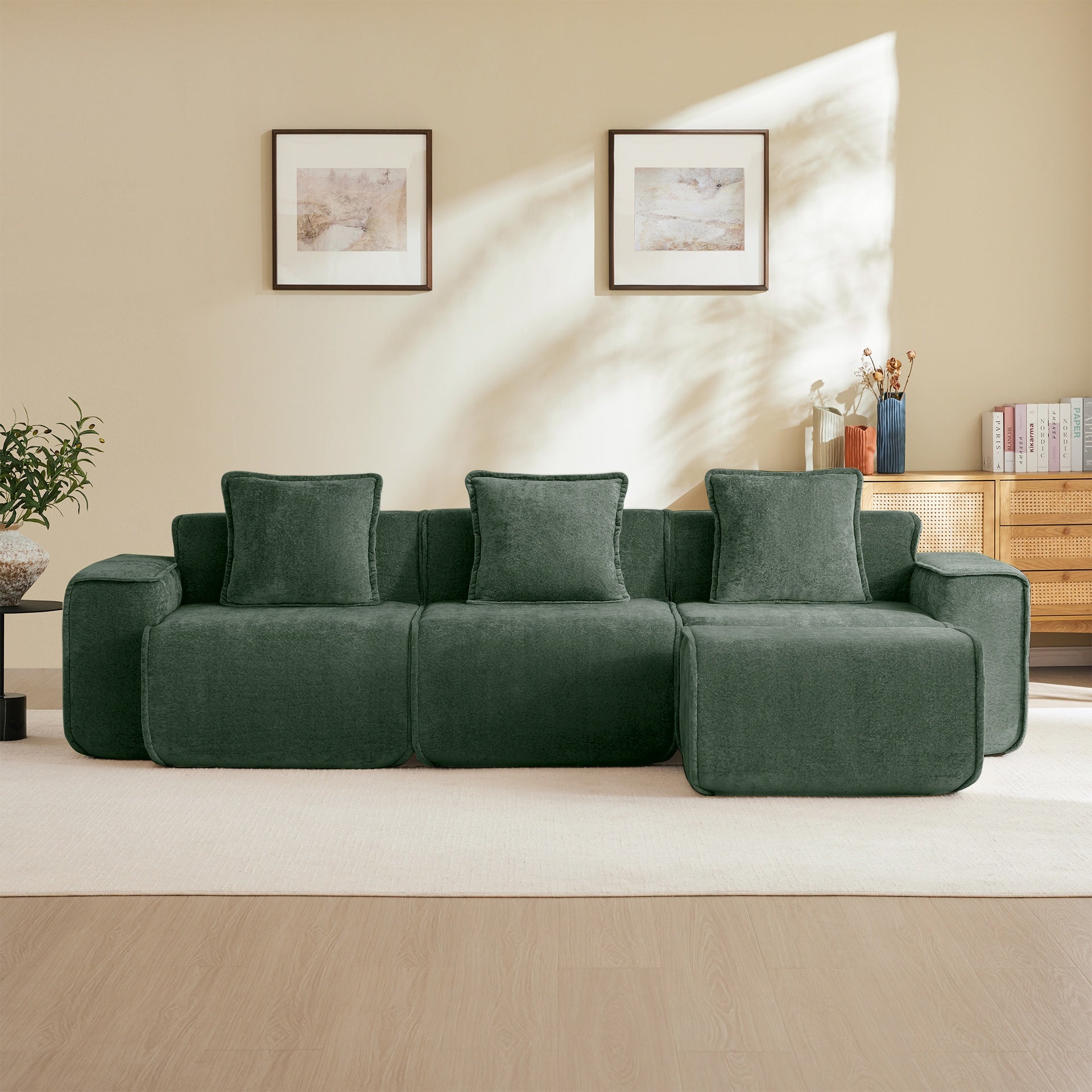 Streamlined Design Modular 3 Seat L Shape Sectional Boneless Sofa with French Edge Piping, No Assembly Required, 3-Seat Sofa Couch with Throw Pillows and 1 Movable Ottoman, Velvet Fabric Green