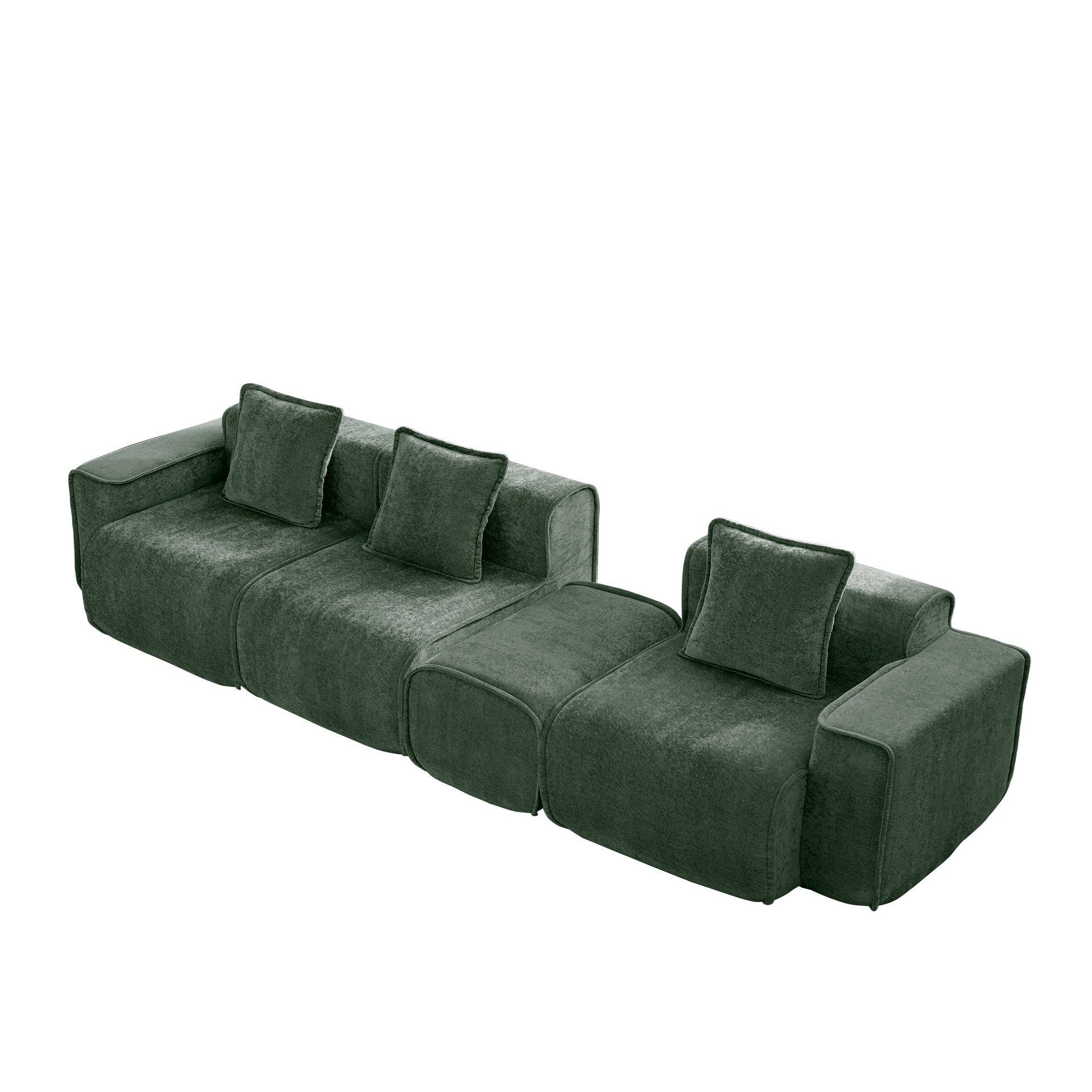 Streamlined Design Modular 3 Seat L Shape Sectional Boneless Sofa with French Edge Piping, No Assembly Required, 3-Seat Sofa Couch with Throw Pillows and 1 Movable Ottoman, Velvet Fabric Green